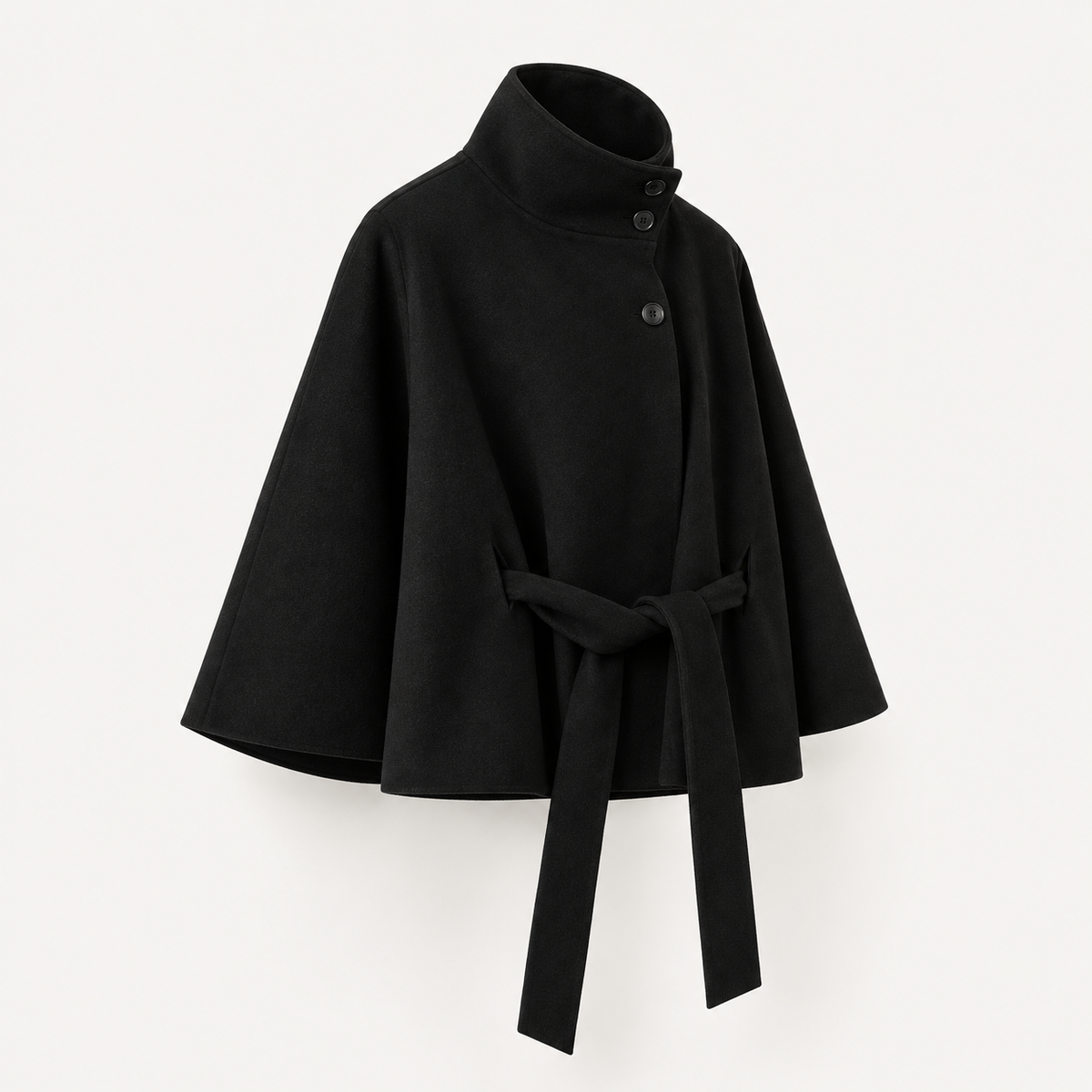Rovelle high collar belted cape jacket in black angled product shot