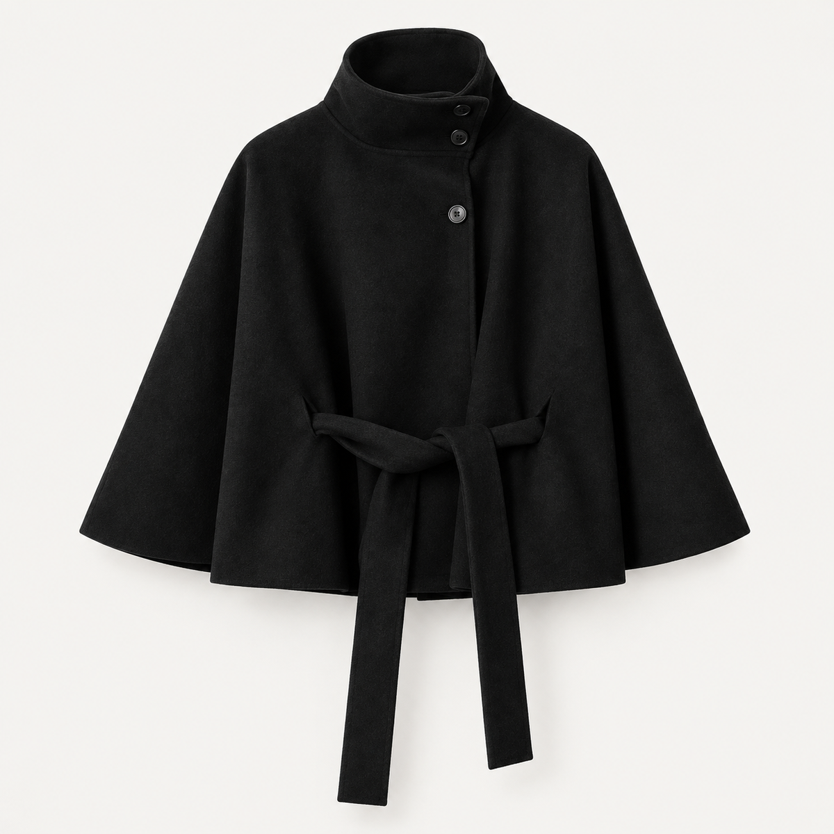 Rovelle high collar belted cape jacket in black front product shot
