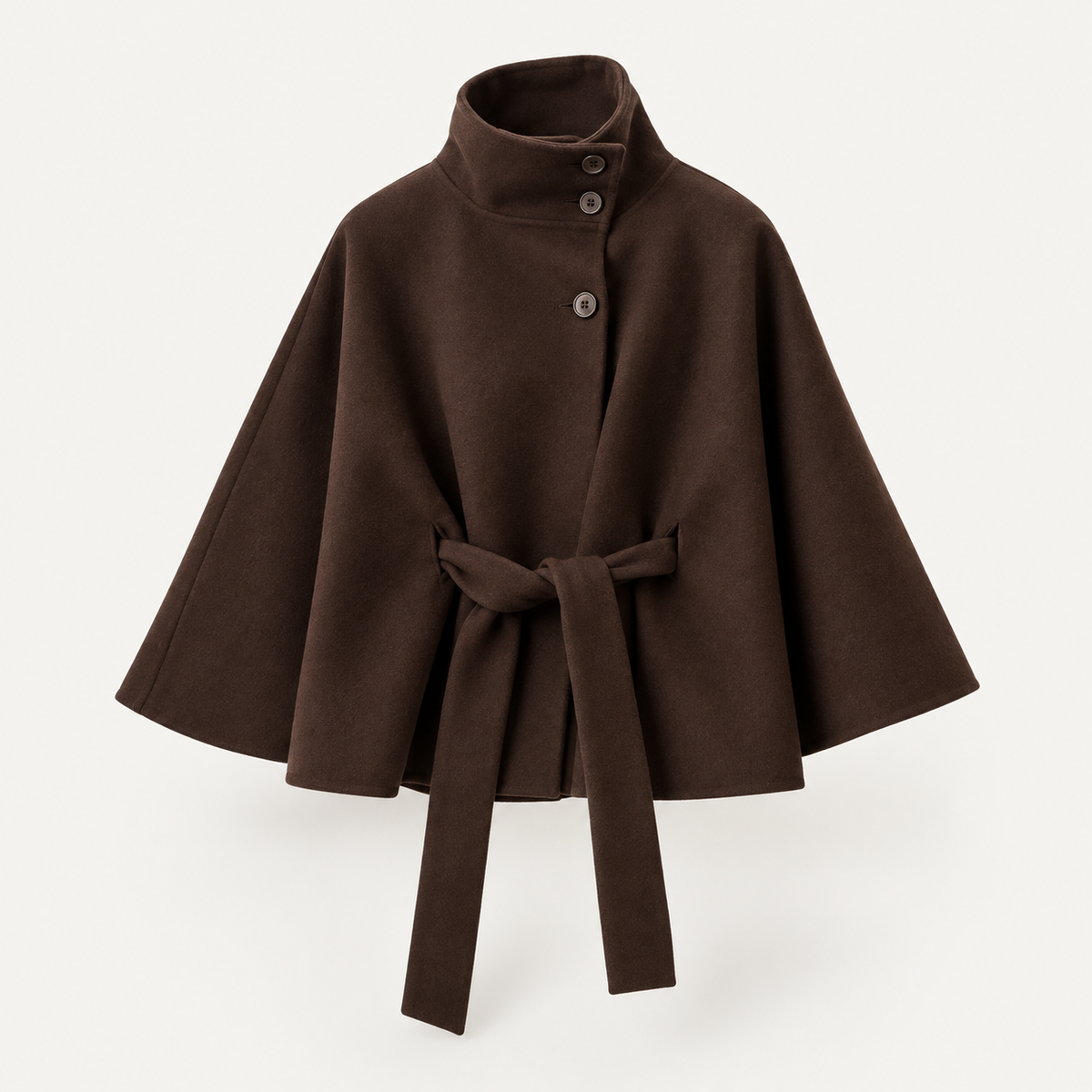 Rovelle high collar belted cape jacket in chocolate brown angled product shot