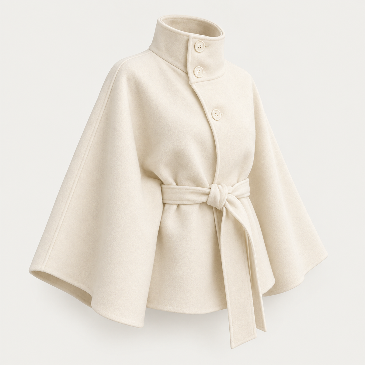 Rovelle high collar belted cape jacket in ivory angled product shot