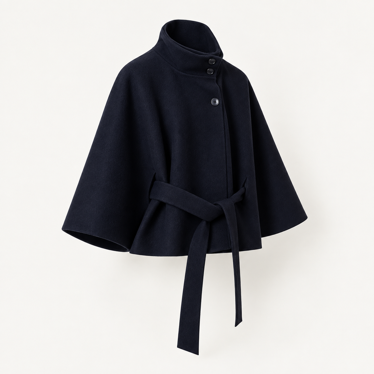 Rovelle high collar belted cape jacket in navy angled product shot