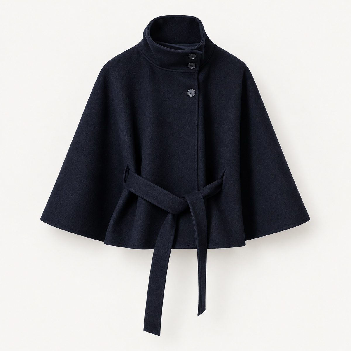 Rovelle high collar belted cape jacket in navy front product shot