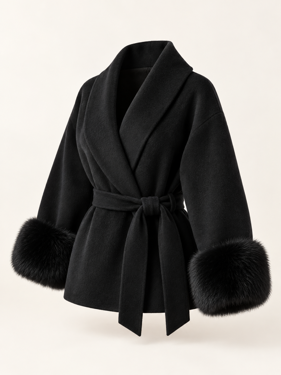 Rovelle Belted Faux Fur Cuff Coat — Black — angle