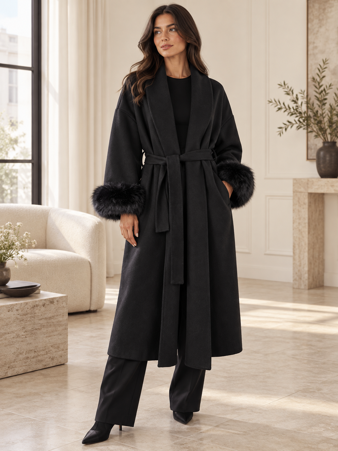 Rovelle Belted Faux Fur Cuff Coat — Black — Longline — model