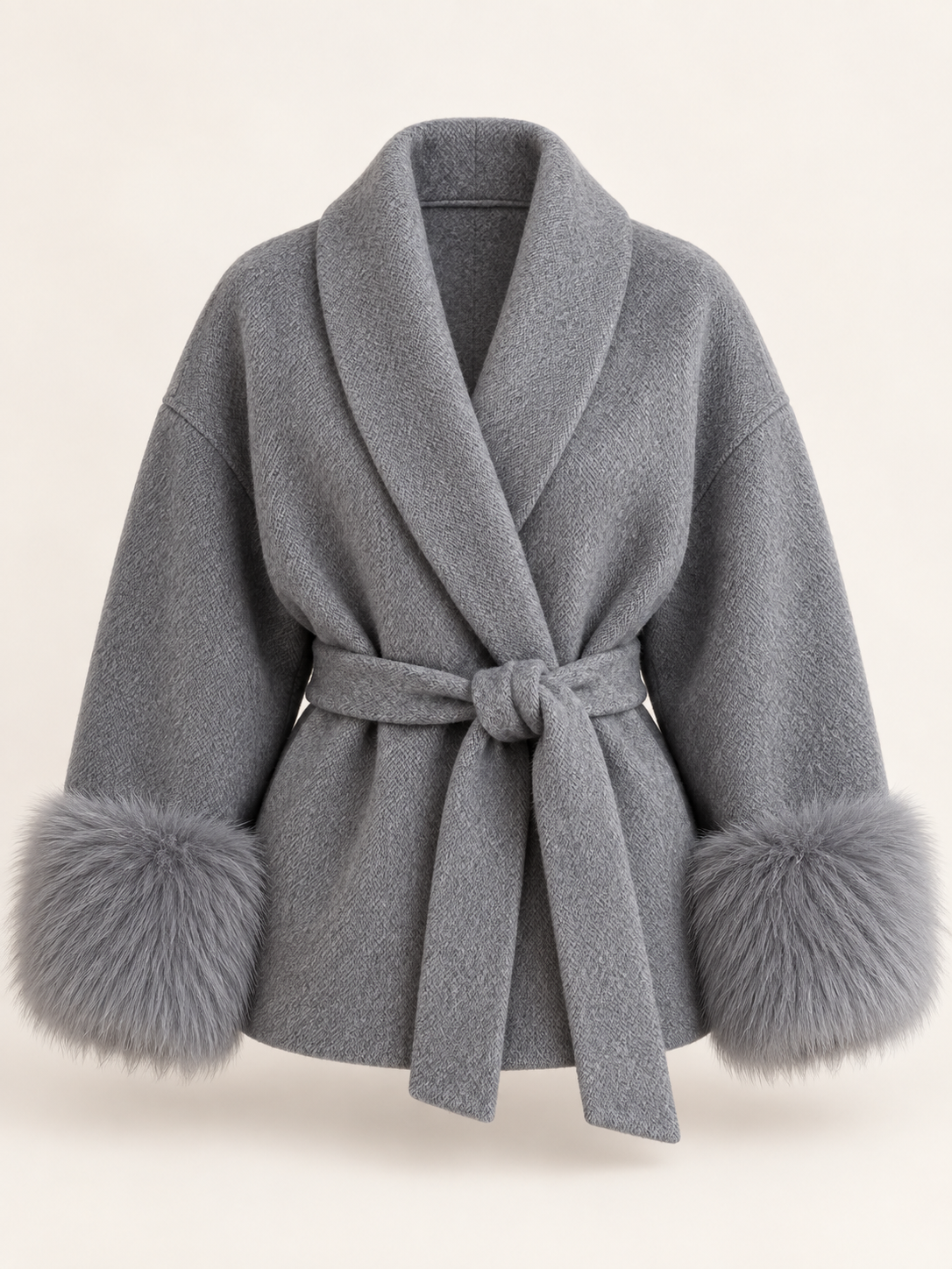 Rovelle Belted Faux Fur Cuff Coat — Grey — front