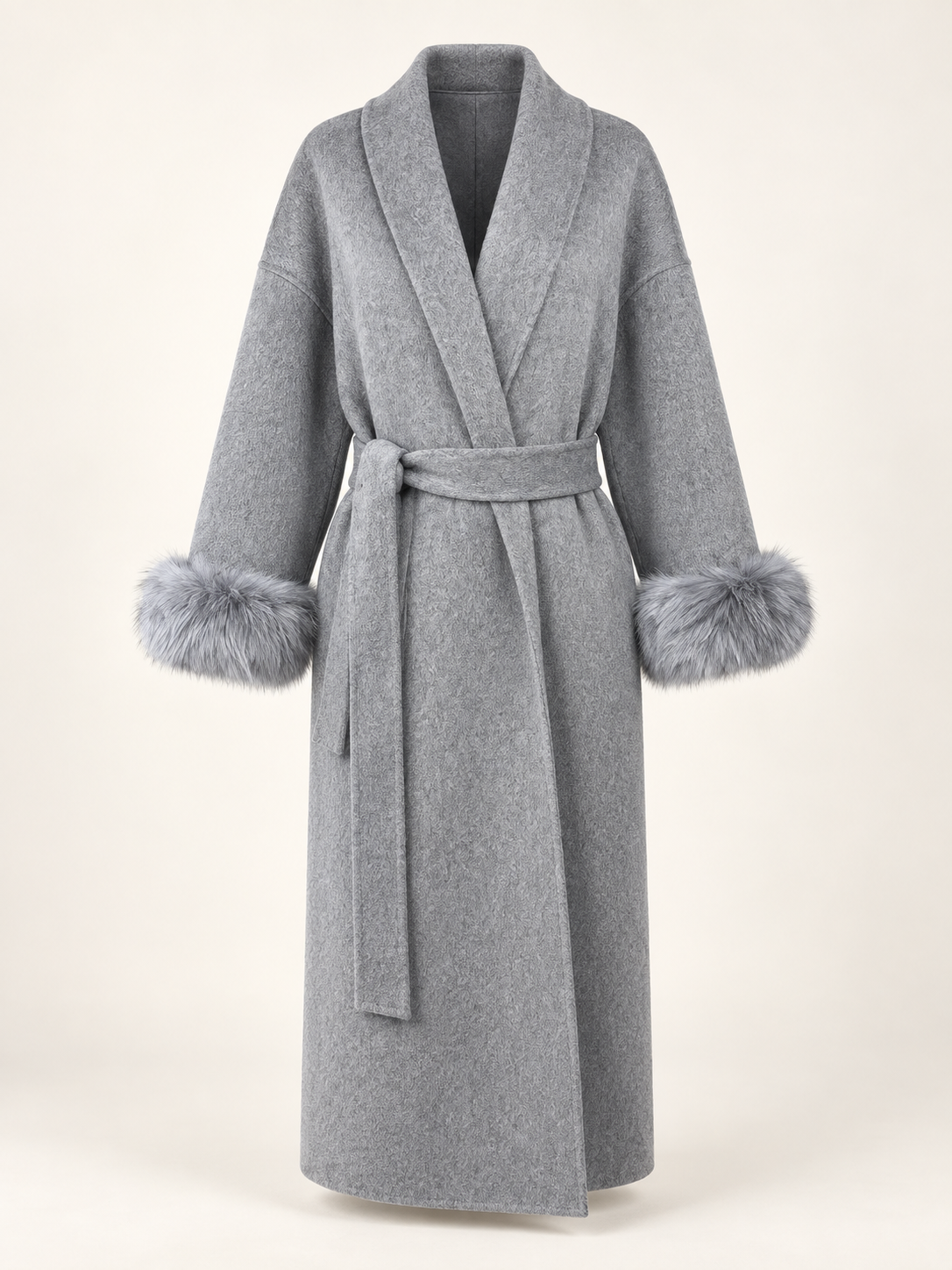 Rovelle Belted Faux Fur Cuff Coat — Grey — Longline — front