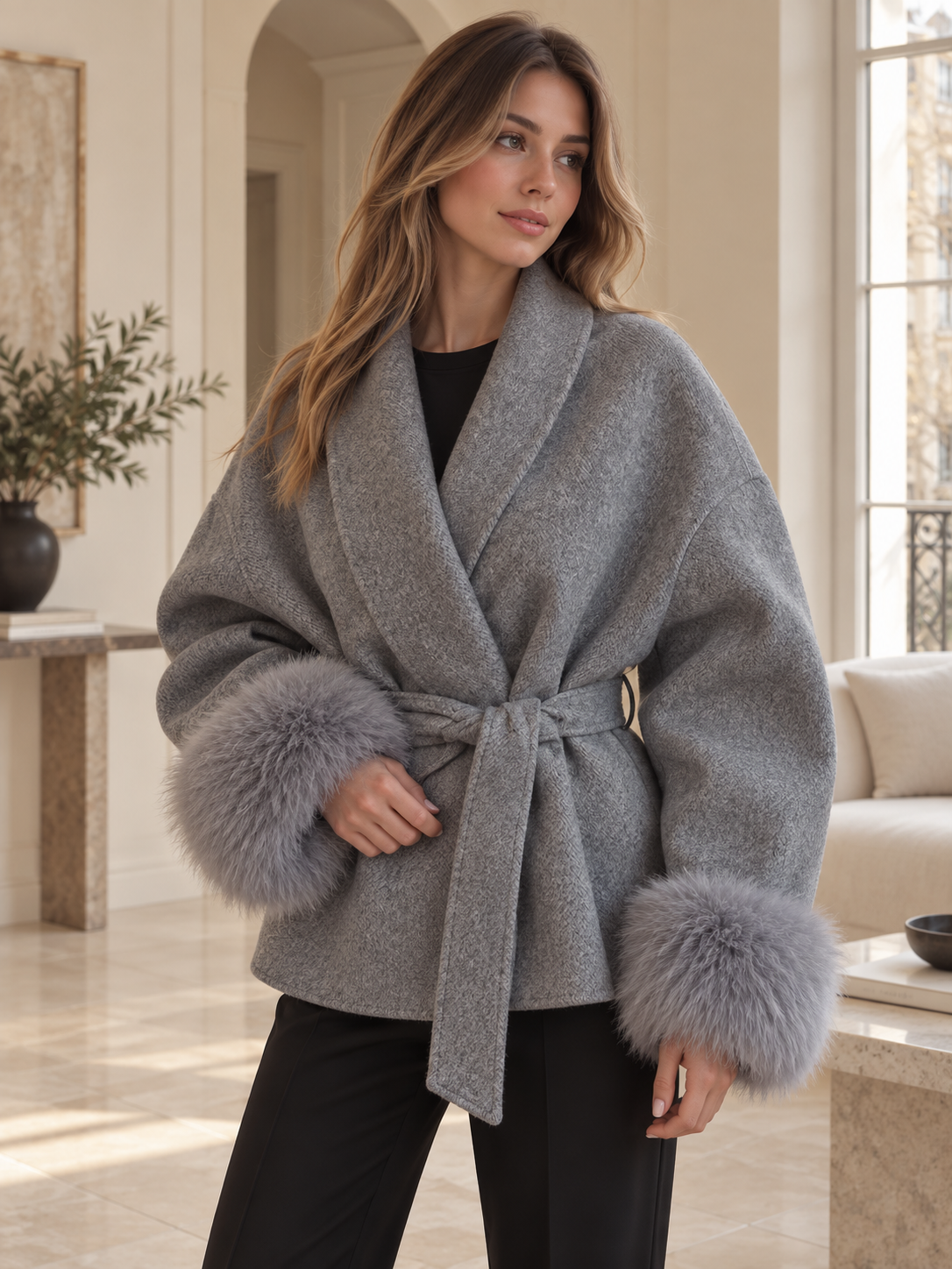 Rovelle Belted Faux Fur Cuff Coat — Grey — model
