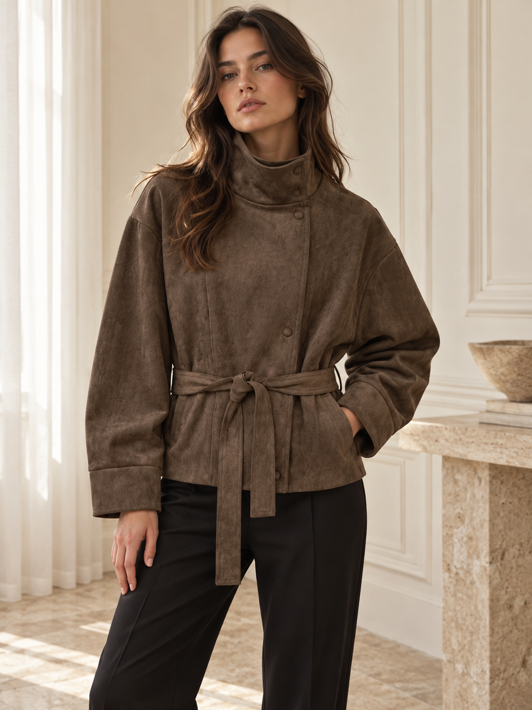Rovelle Belted Faux Suede Jacket — Dark Mink — styled on a model