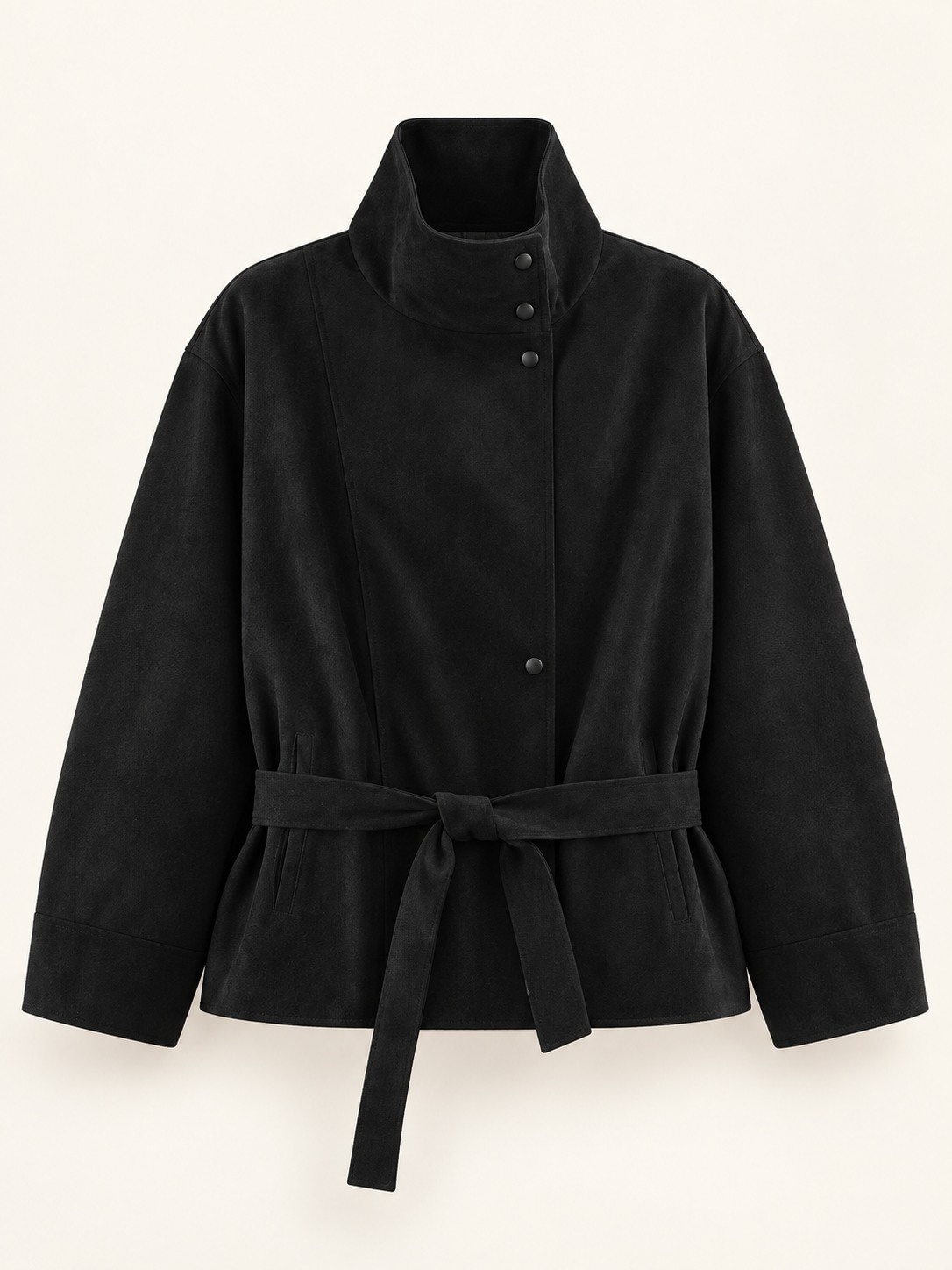 Rovelle Belted Faux Suede Jacket — Black — front view