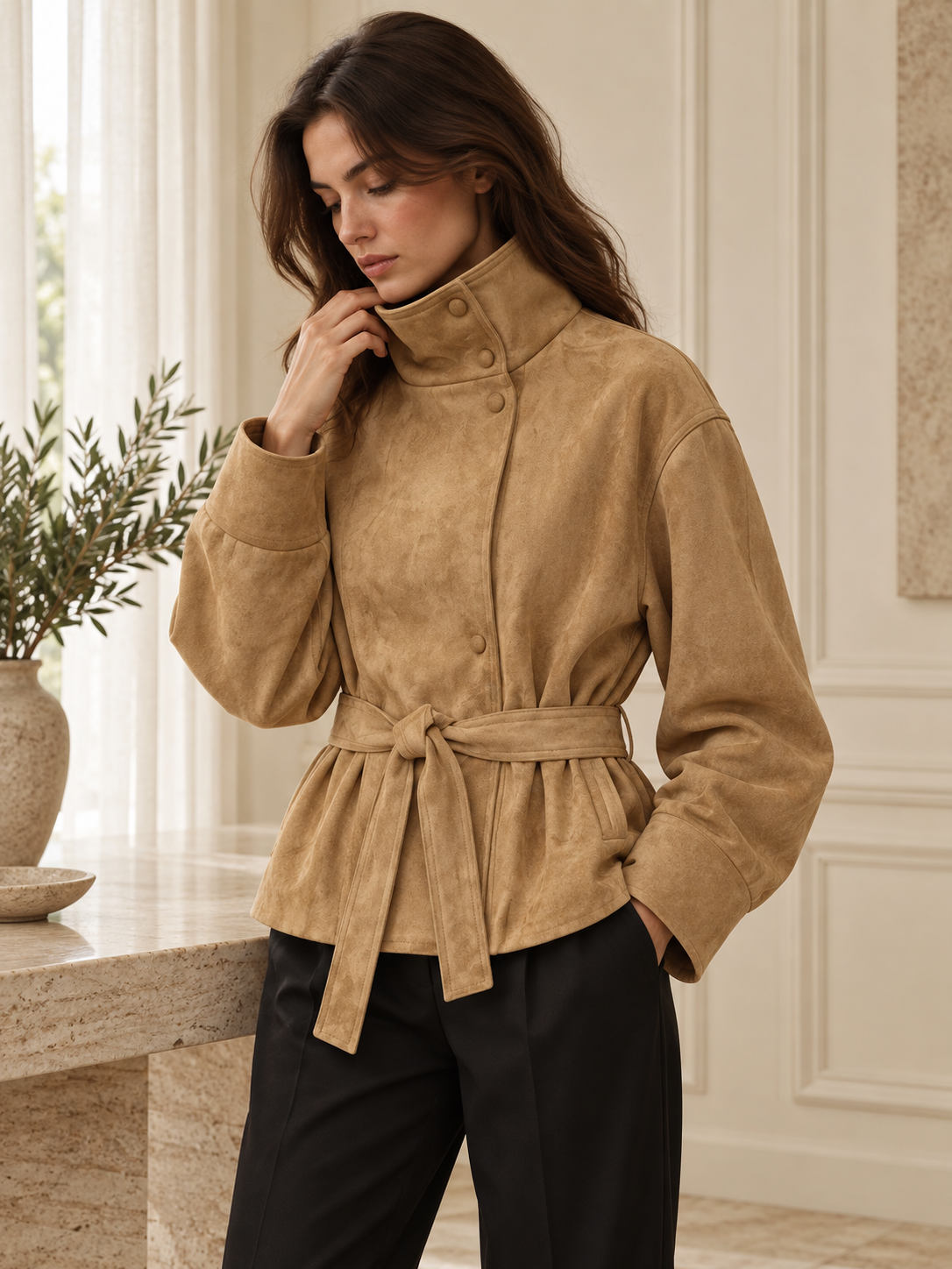 Rovelle Belted Faux Suede Jacket — Camel — styled on a model