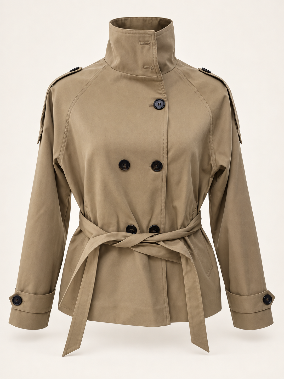 Rovelle High Collar Belted Trench Jacket — Khaki — product front