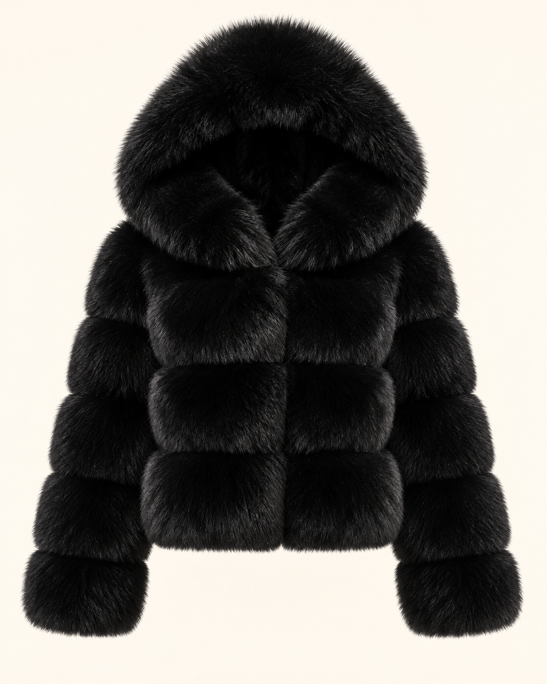 Rovelle Cropped Hooded Faux Fur Jacket — Black — front view