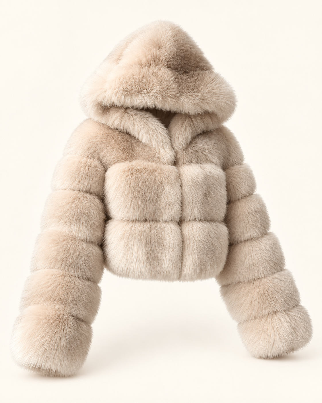 Rovelle Cropped Hooded Faux Fur Jacket — Beige — angle view