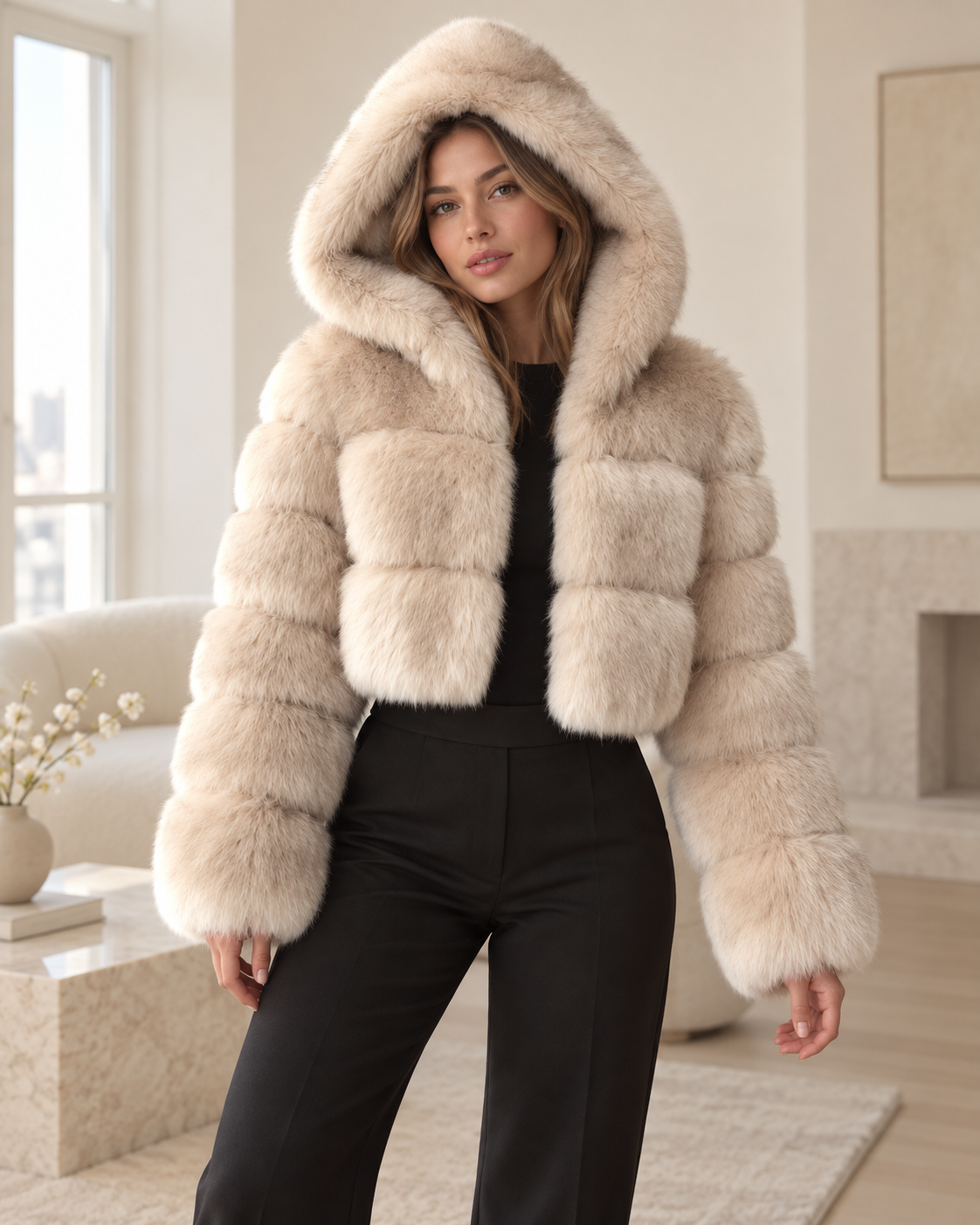 Rovelle Cropped Hooded Faux Fur Jacket — Beige — model wearing jacket