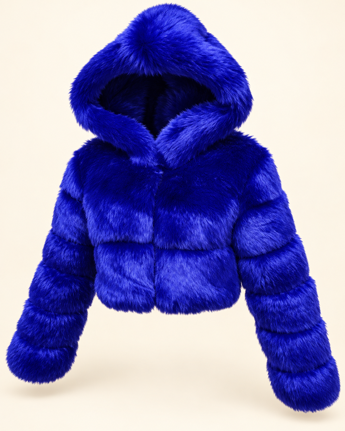 Rovelle Cropped Hooded Faux Fur Jacket — Royal Blue — angle view