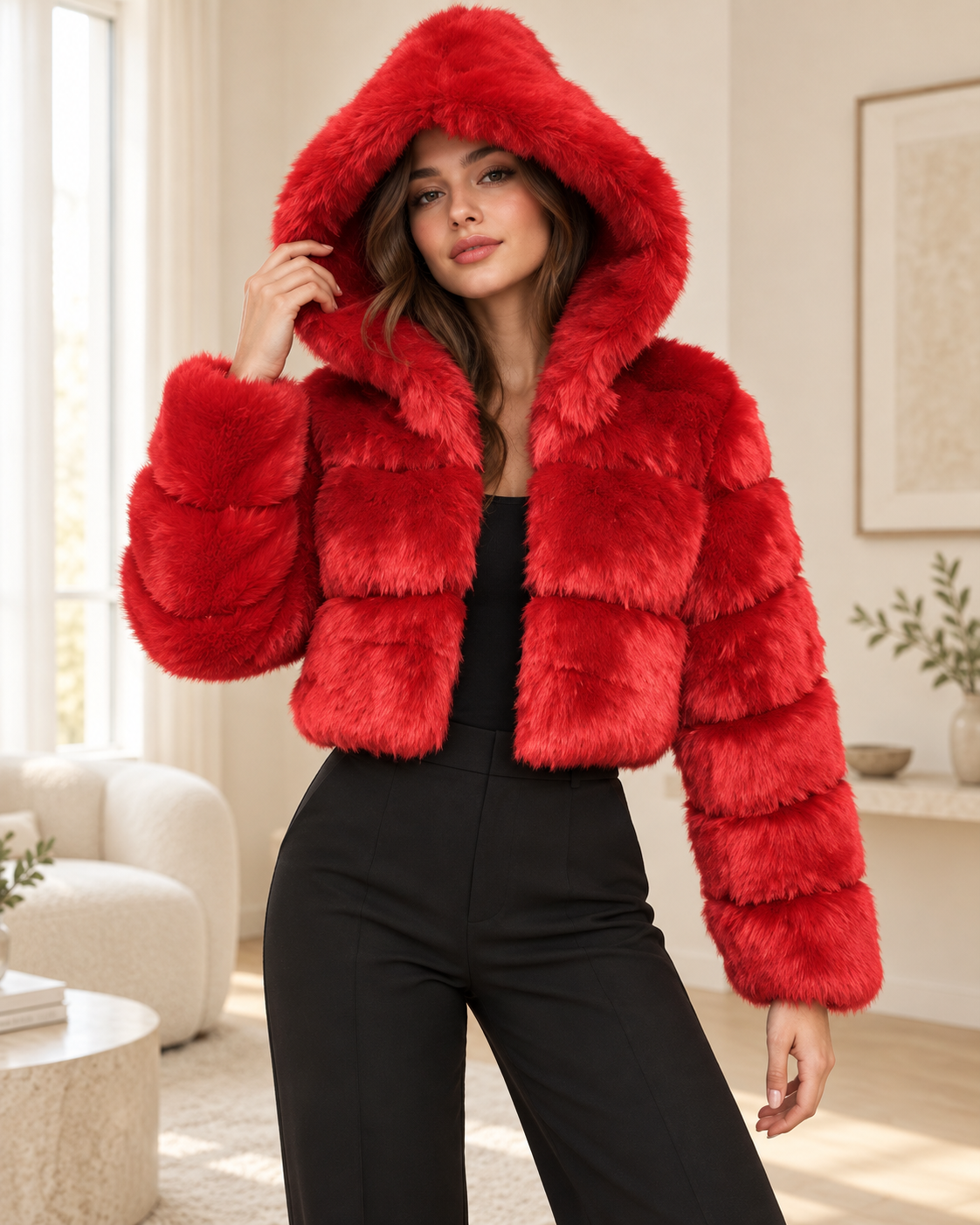 Rovelle Cropped Hooded Faux Fur Jacket — Red — model wearing jacket