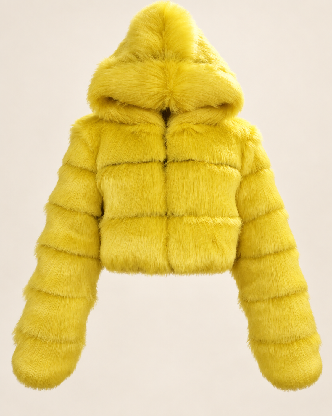 Rovelle Cropped Hooded Faux Fur Jacket — Yellow — front view