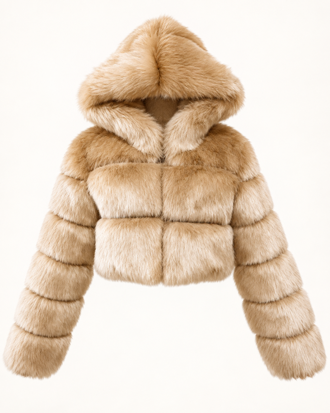 Rovelle Cropped Hooded Faux Fur Jacket — Golden Beige — front view