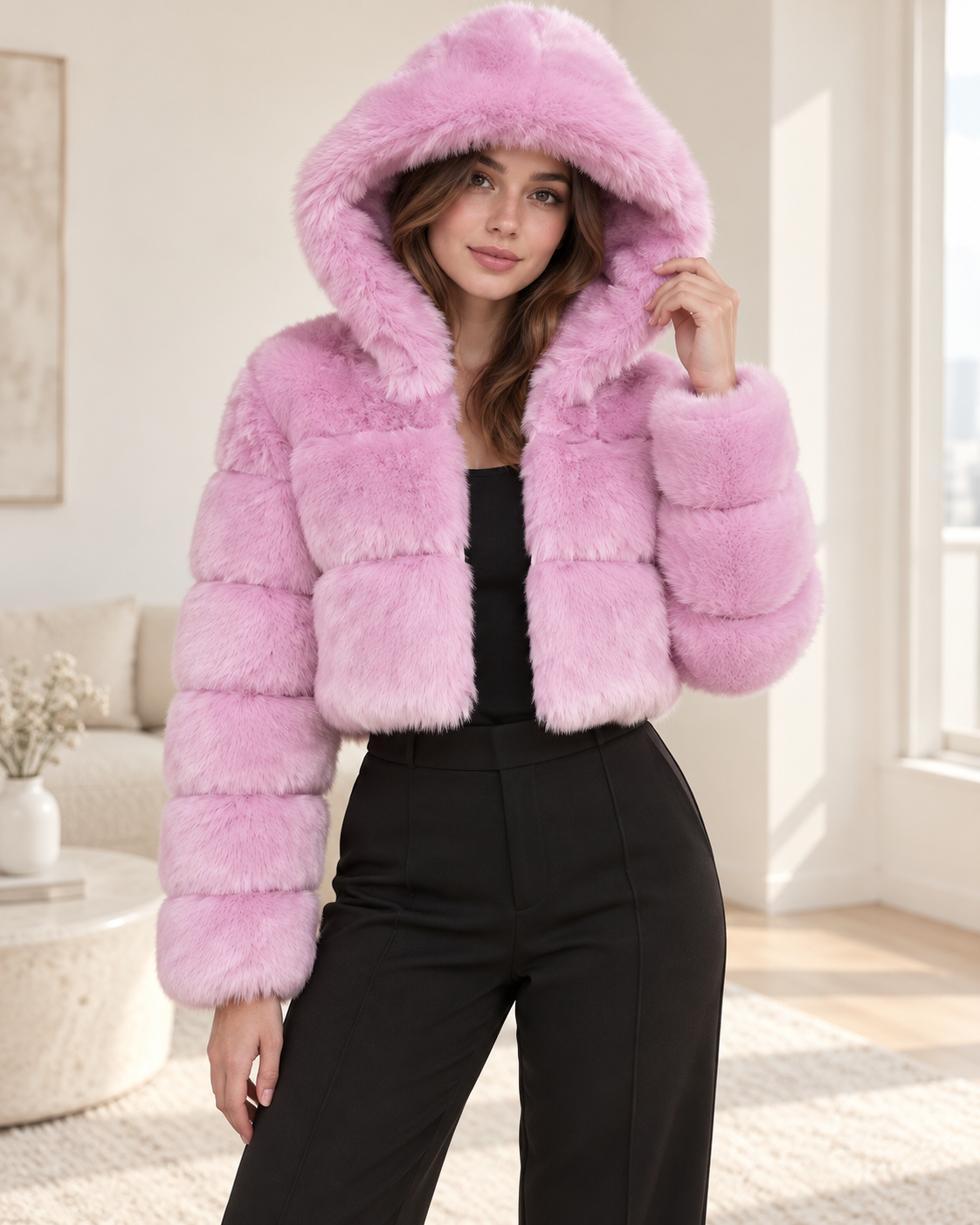 Rovelle Cropped Hooded Faux Fur Jacket — Pale Lavender — model wearing jacket