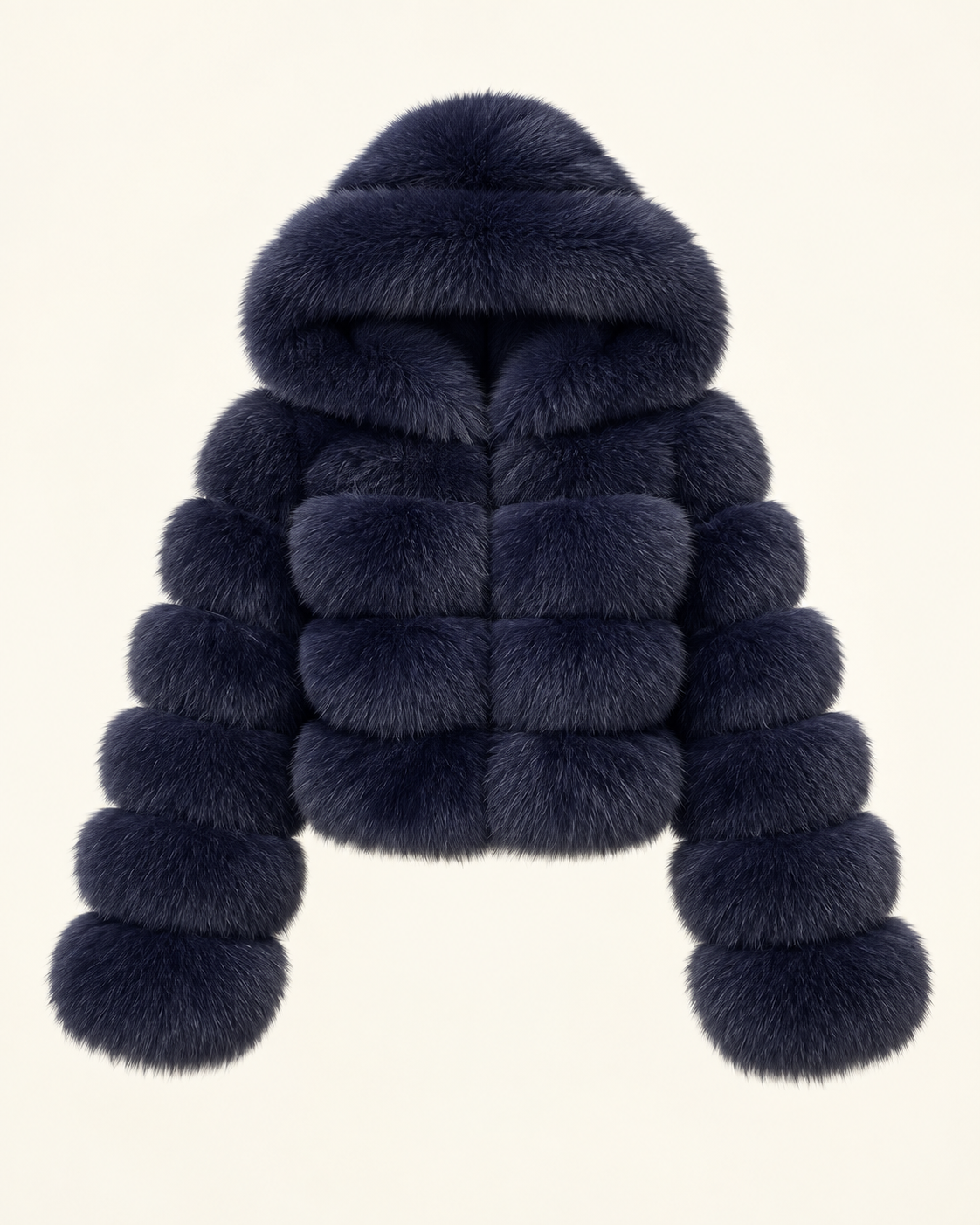 Rovelle Cropped Hooded Faux Fur Jacket — Navy Blue — front view