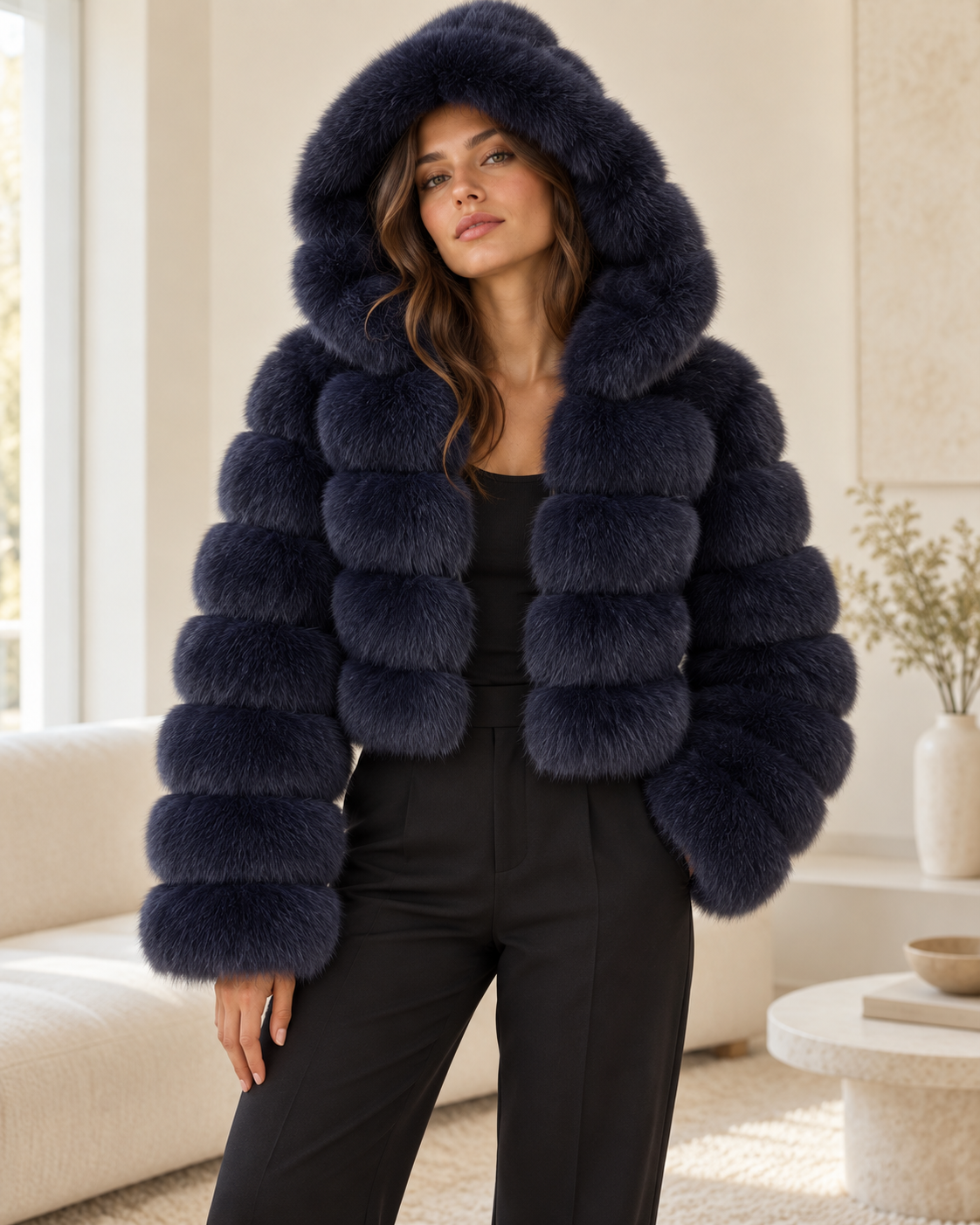 Rovelle Cropped Hooded Faux Fur Jacket — Navy Blue — model wearing jacket