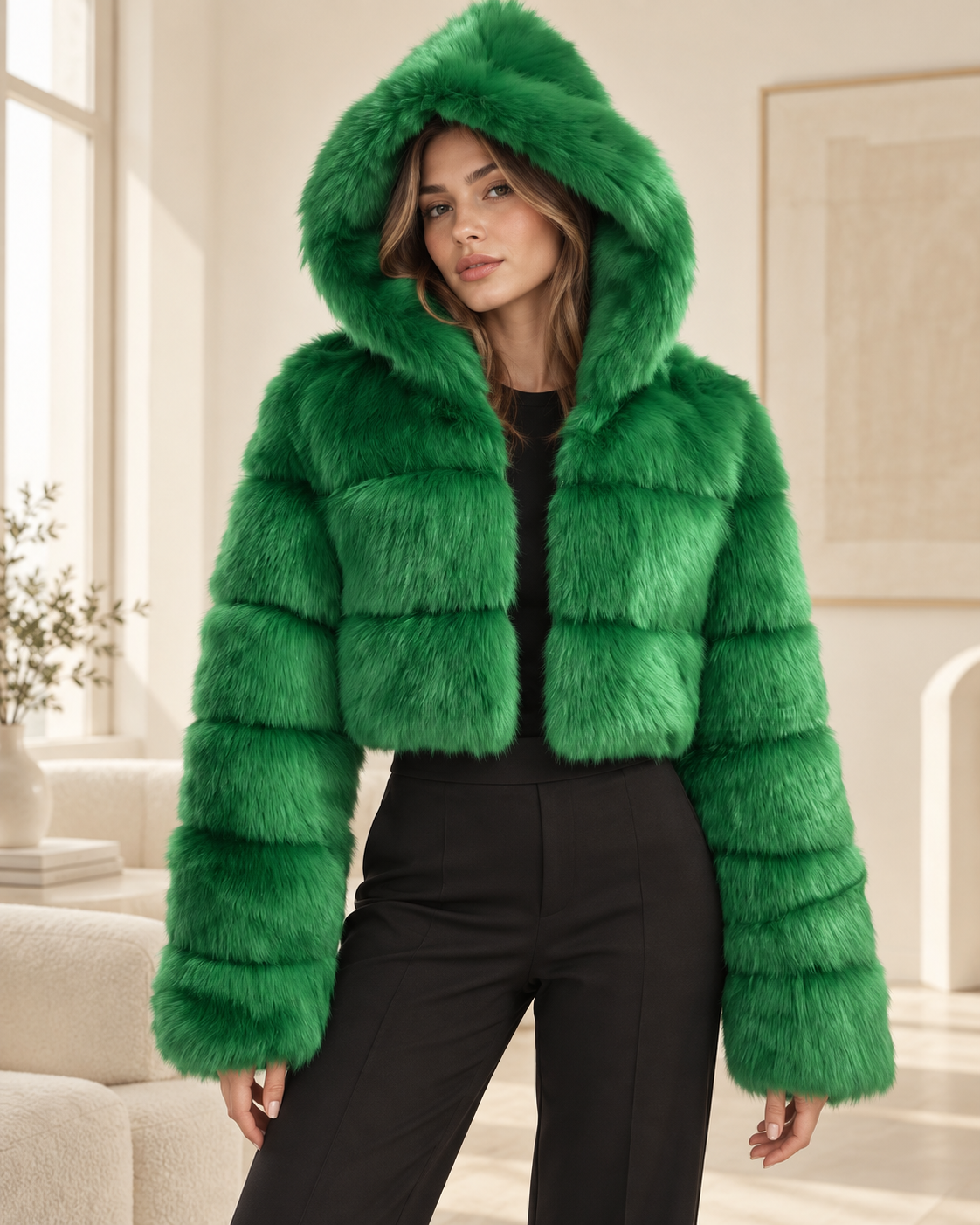 Rovelle Cropped Hooded Faux Fur Jacket — Emerald Green — model wearing jacket