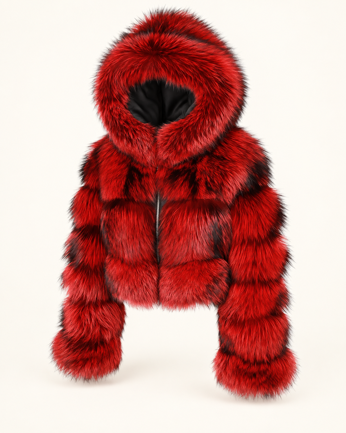 Rovelle Cropped Hooded Faux Fur Jacket — Red Black Tip — angle view