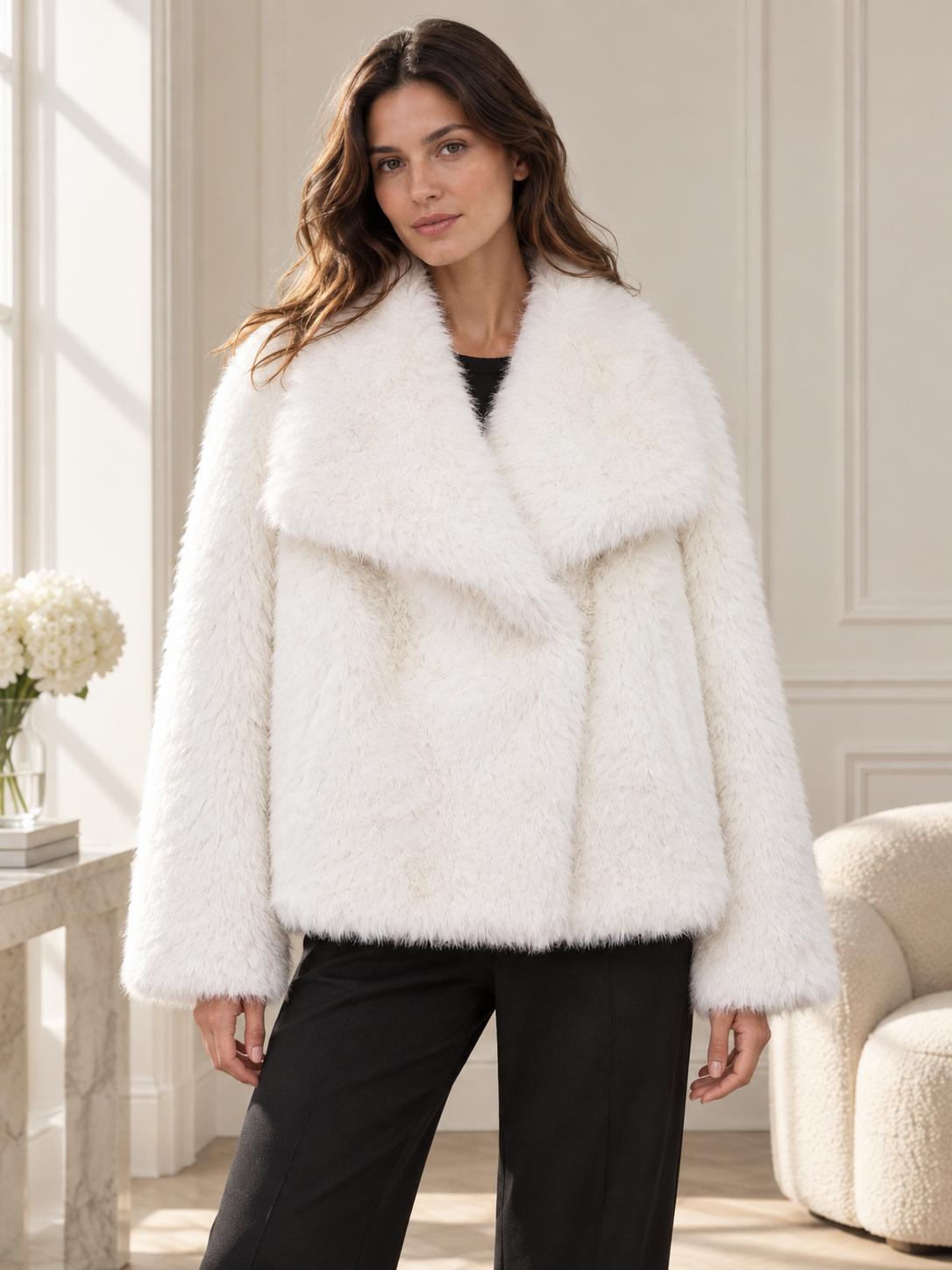 Rovelle Plush Faux Fur Coat — White — model