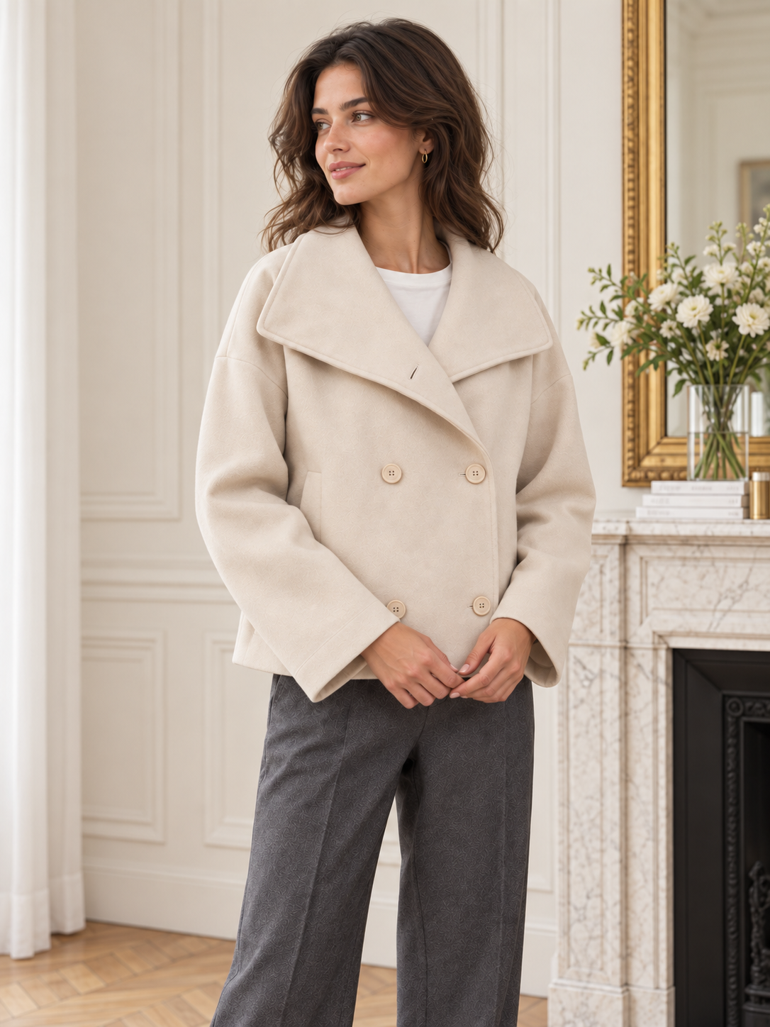 Rovelle Wide Collar Double Breasted Jacket — Apricot — model