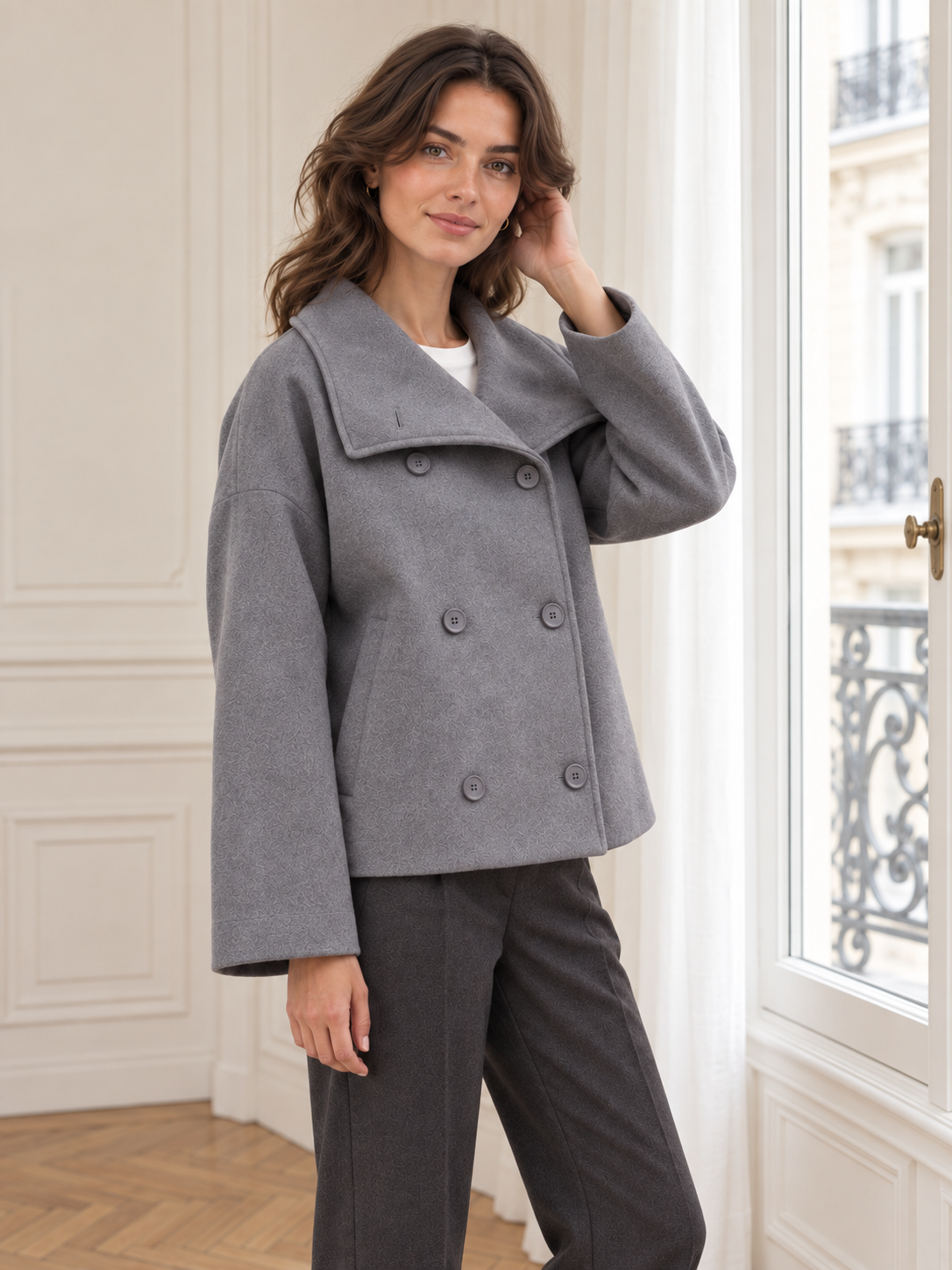 Rovelle Wide Collar Double Breasted Jacket — Grey — model