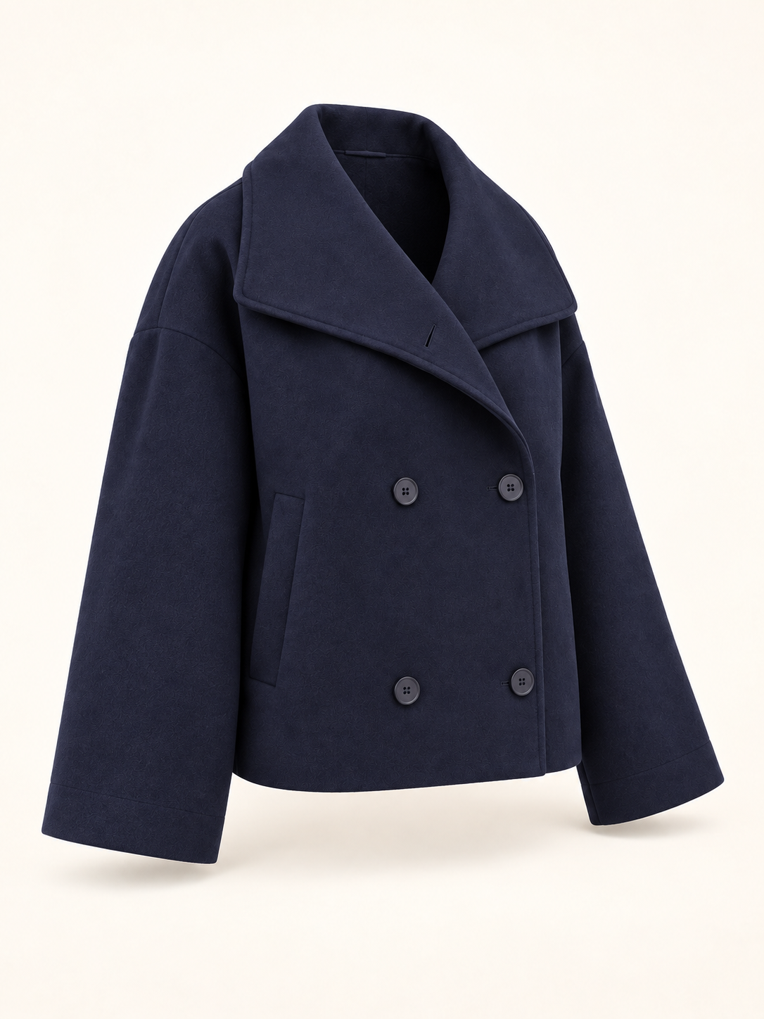 Rovelle Wide Collar Double Breasted Jacket — Navy — three-quarter view