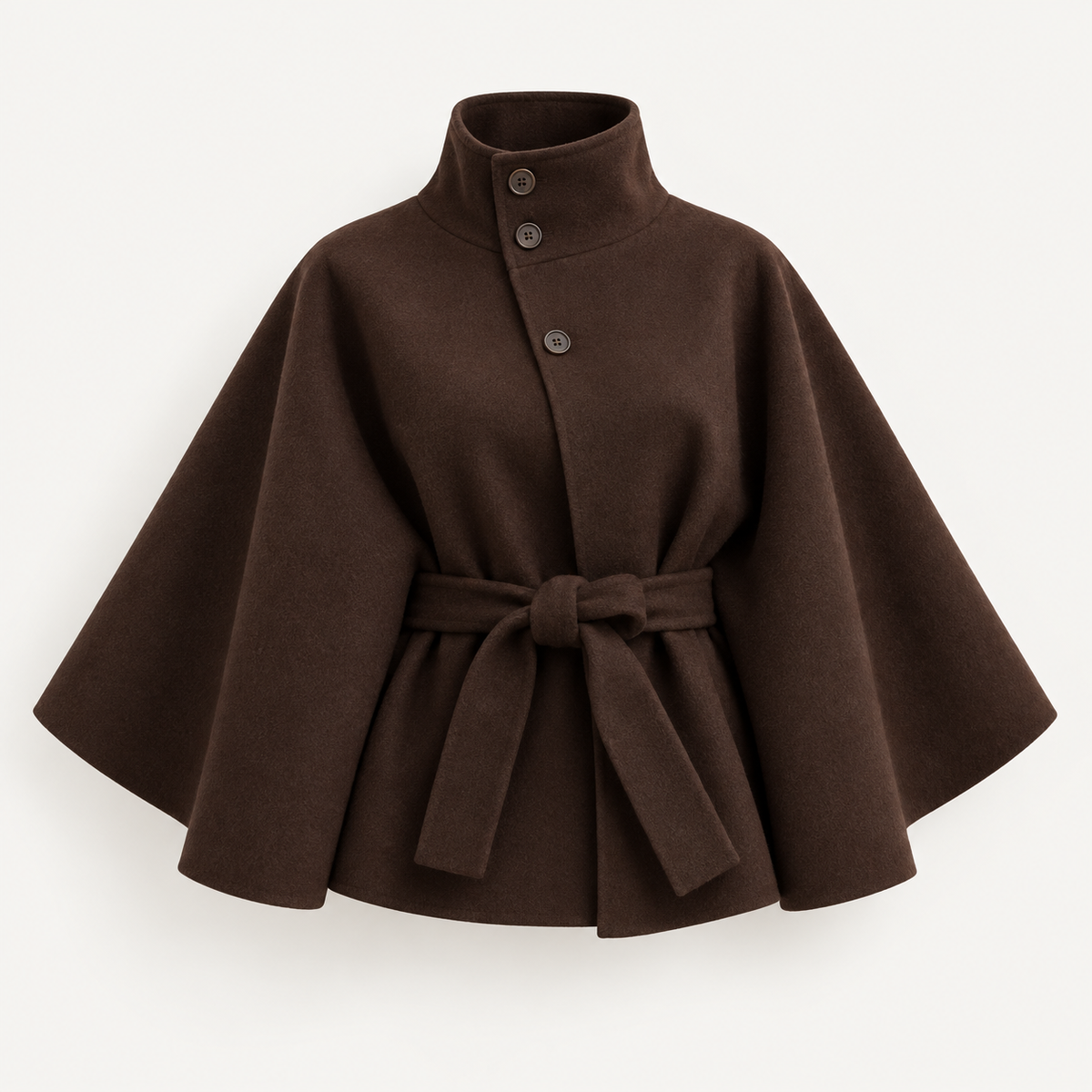 Rovelle high collar belted cape jacket in chocolate brown front product shot