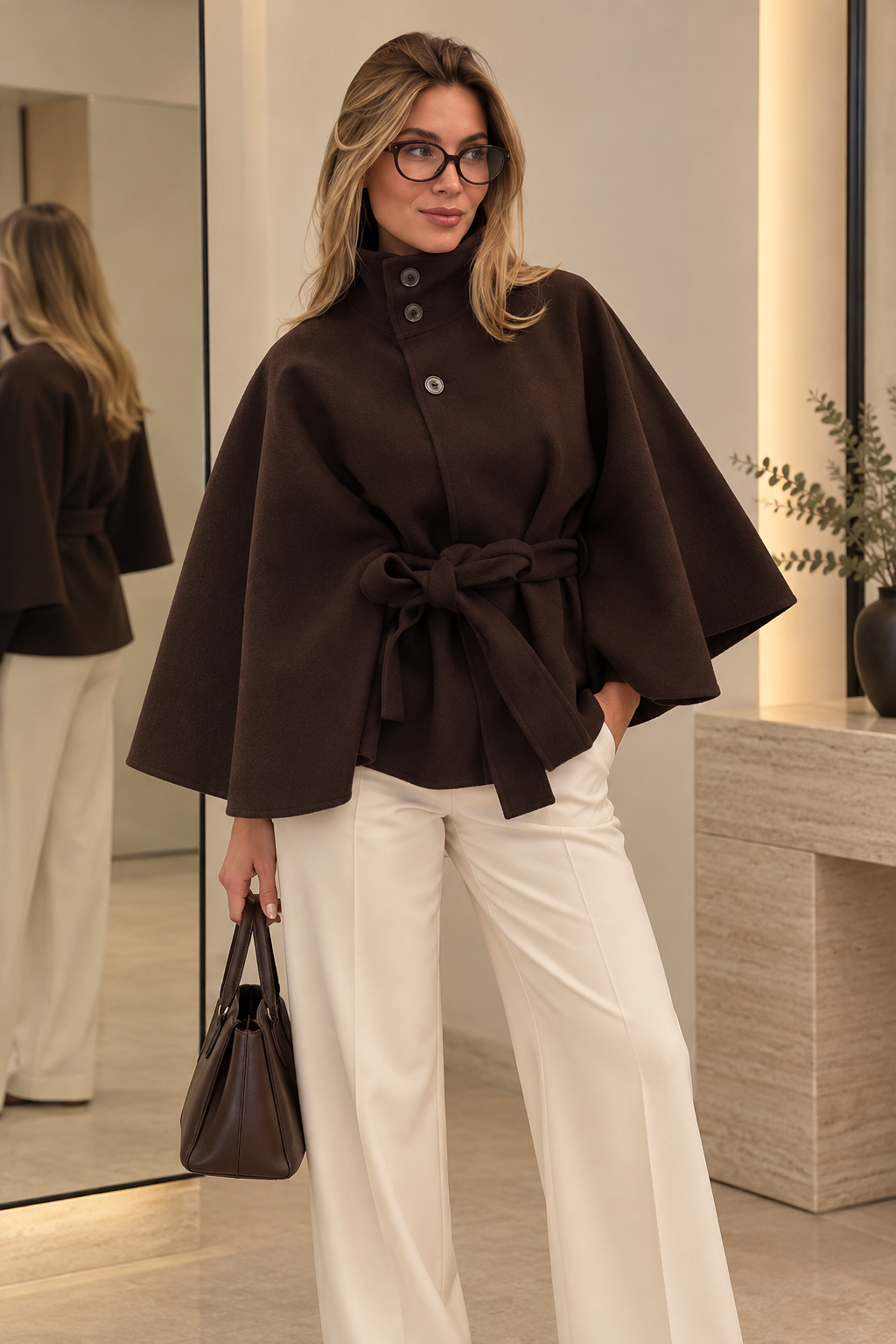 Rovelle high collar belted cape jacket in chocolate brown on model