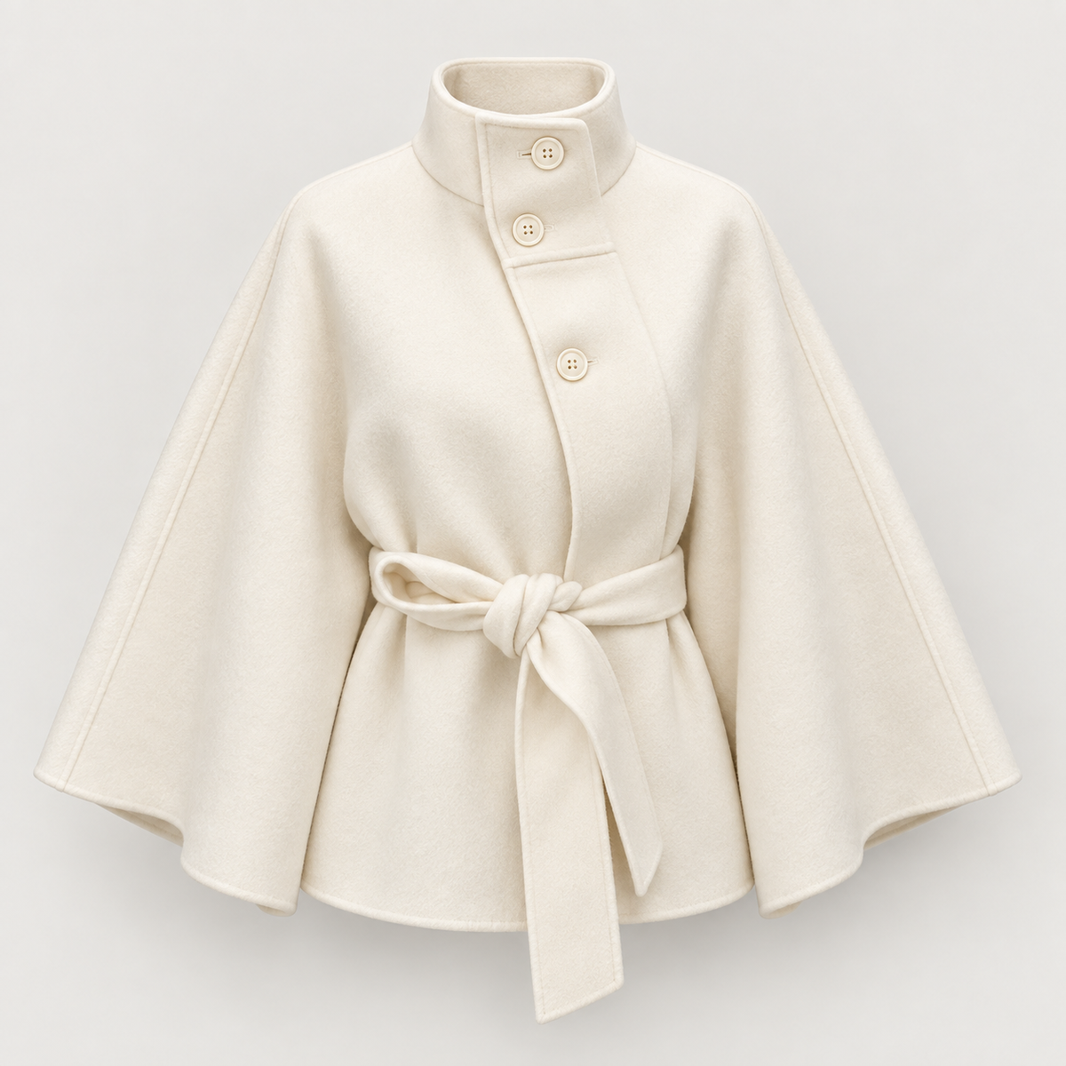 Rovelle high collar belted cape jacket in ivory front product shot