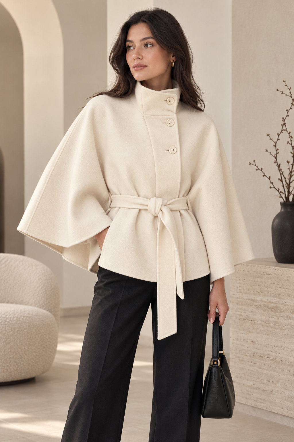 Rovelle high collar belted cape jacket in ivory on model