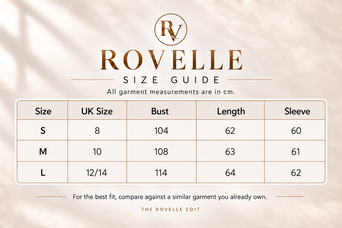Rovelle High Collar Belted Cape Jacket size guide in centimetres
