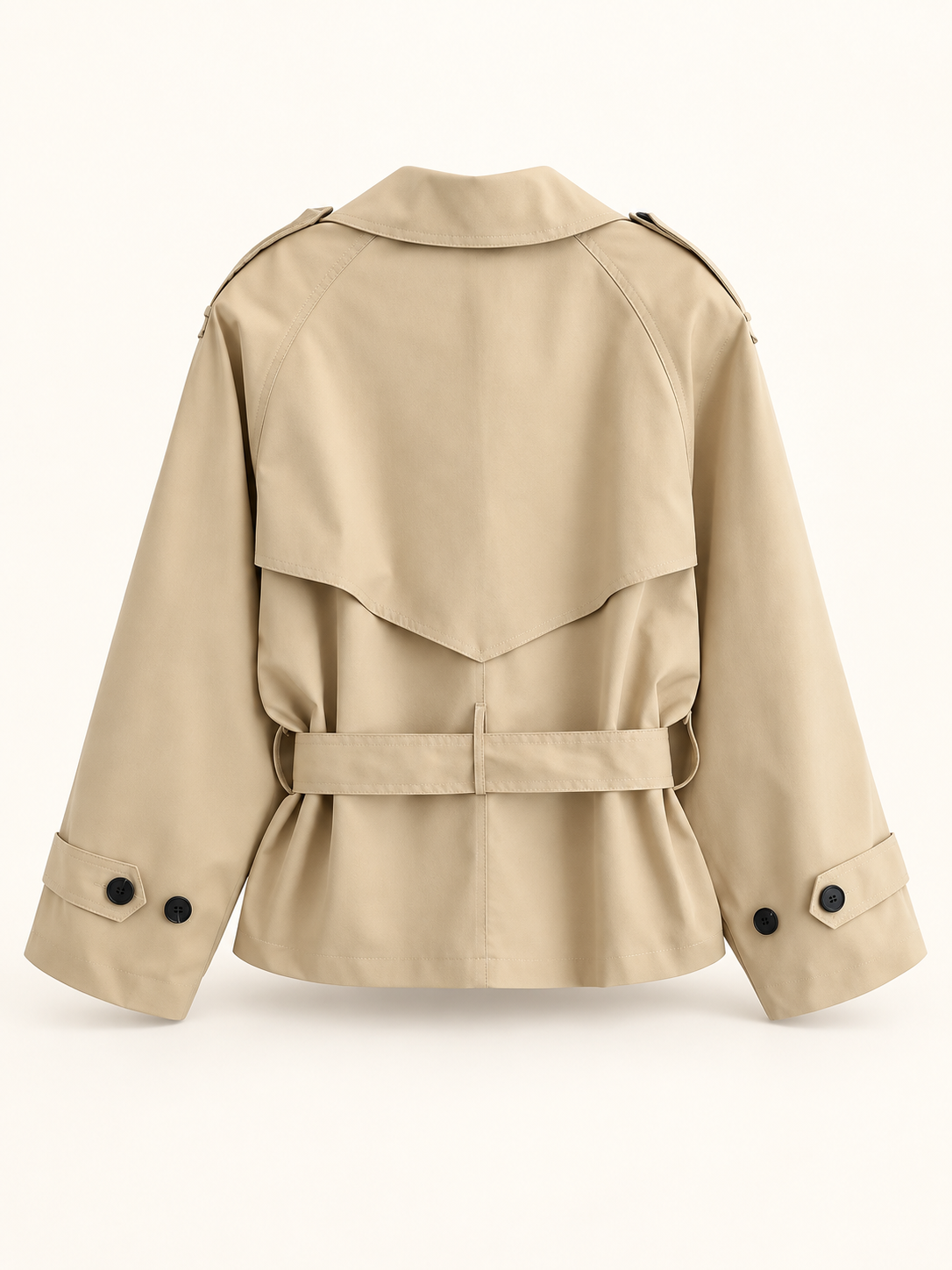 Rovelle Belted Short Trench Jacket — Khaki — back view