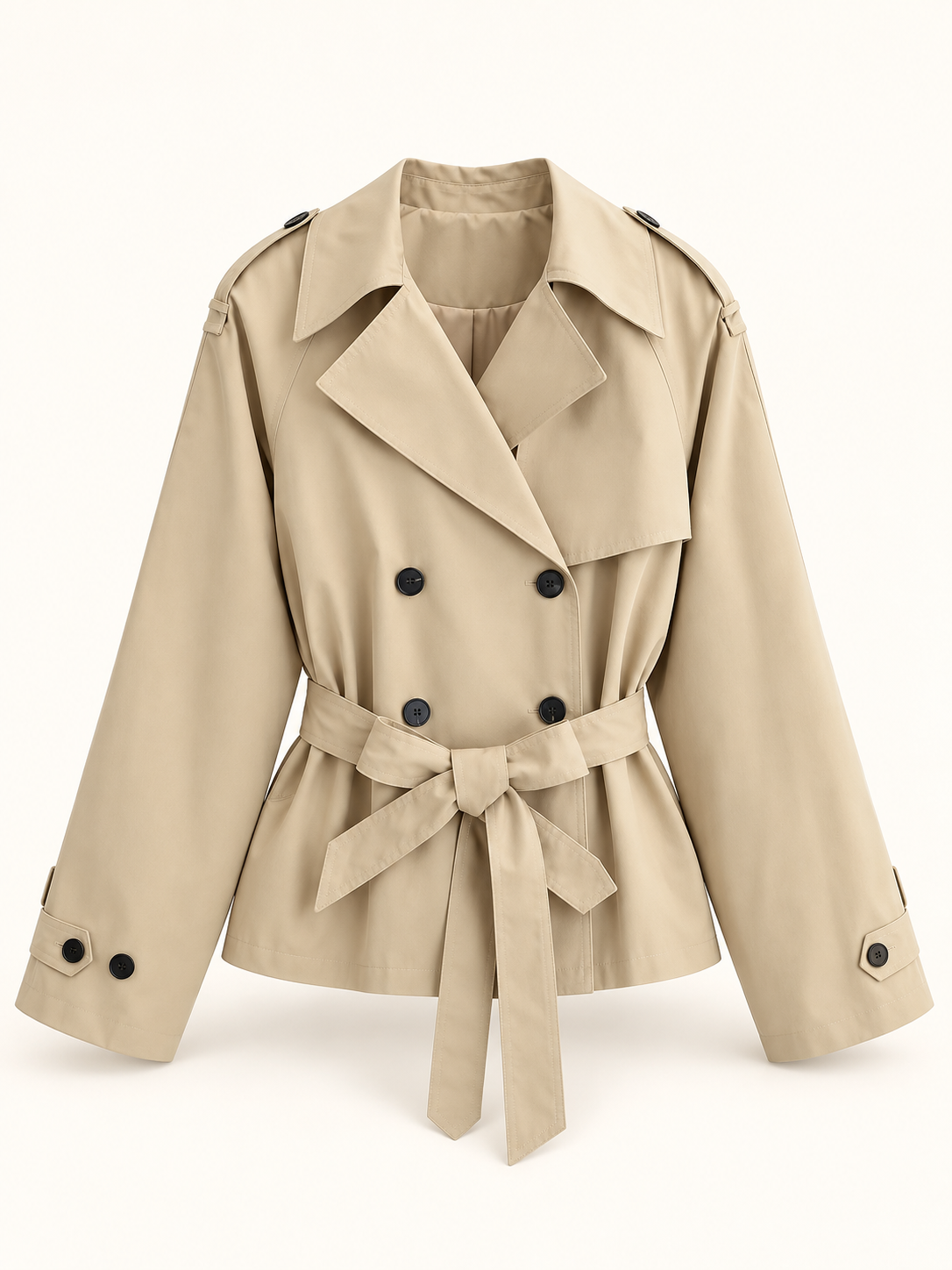 Rovelle Belted Short Trench Jacket — Khaki — front view