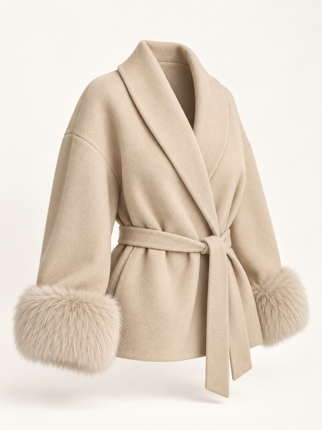 Rovelle Belted Faux Fur Cuff Coat — Beige — angle