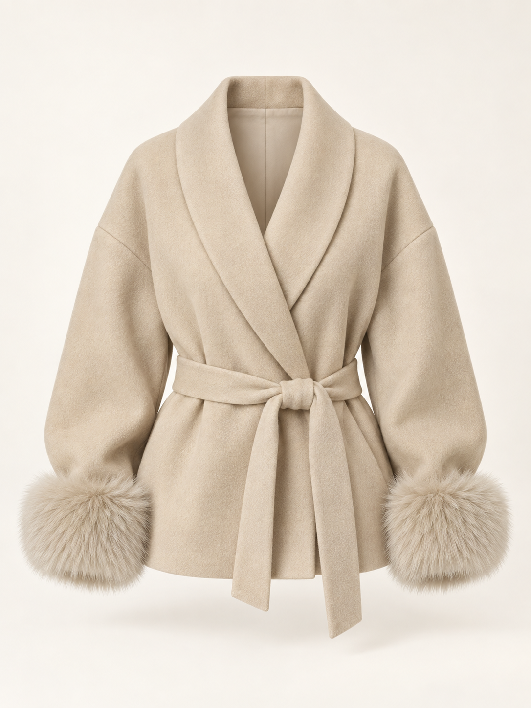 Rovelle Belted Faux Fur Cuff Coat — Beige — front