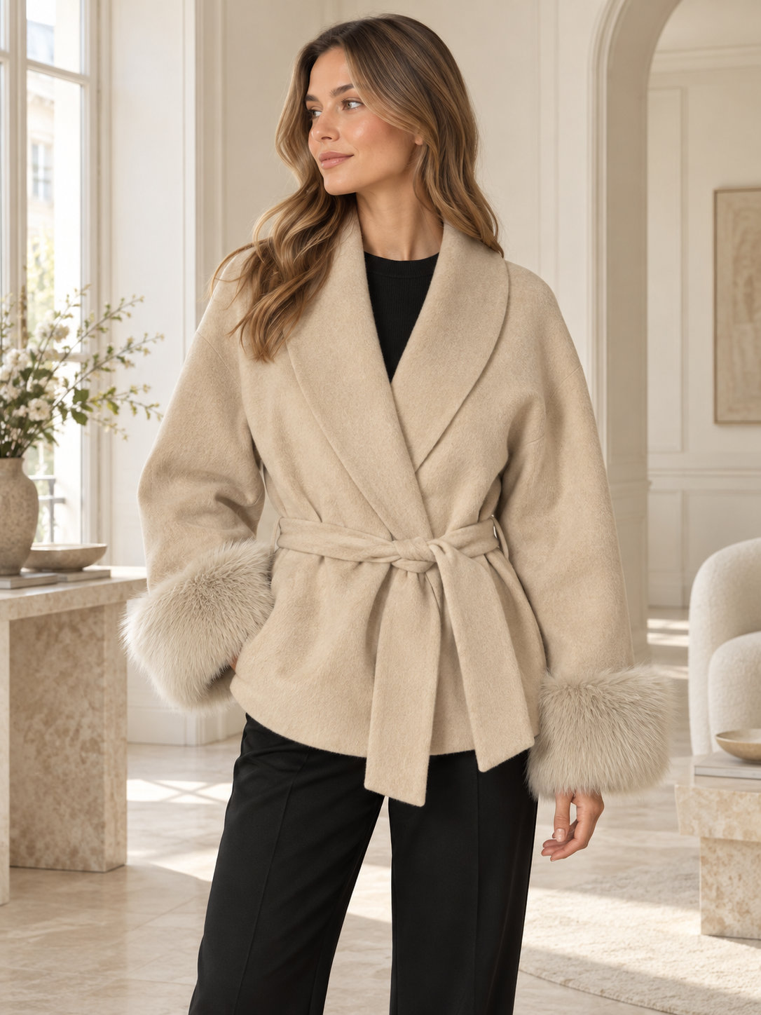 Rovelle Belted Faux Fur Cuff Coat — Beige — model