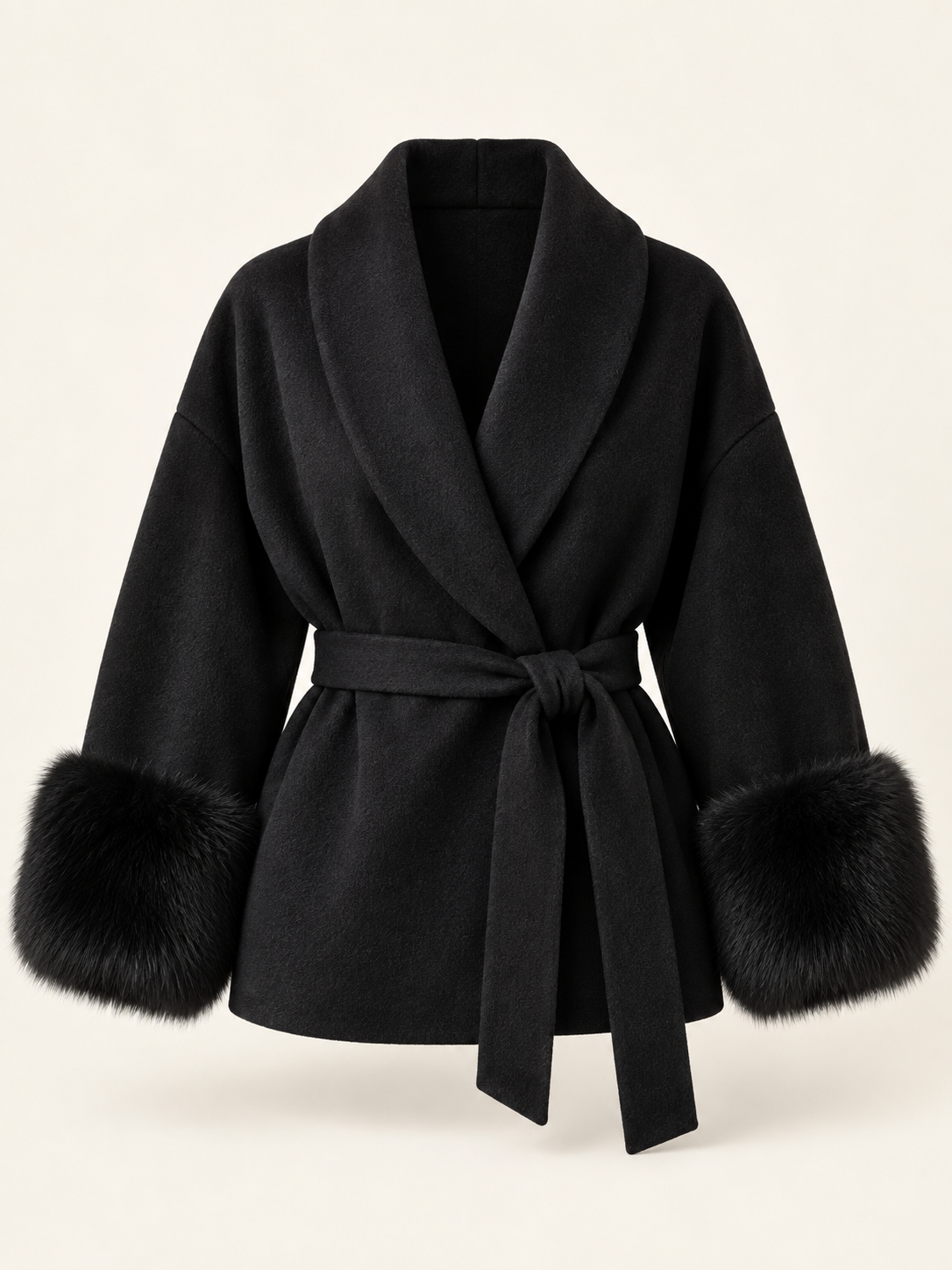 Rovelle Belted Faux Fur Cuff Coat — Black — front