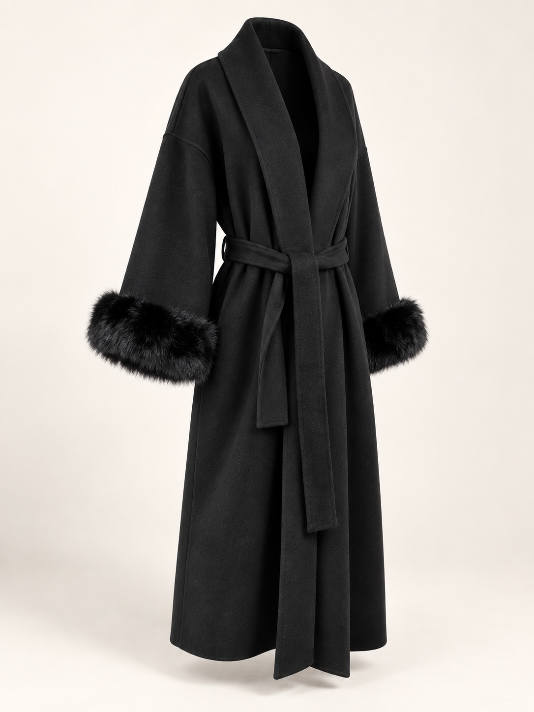 Rovelle Belted Faux Fur Cuff Coat — Black — Longline — angle
