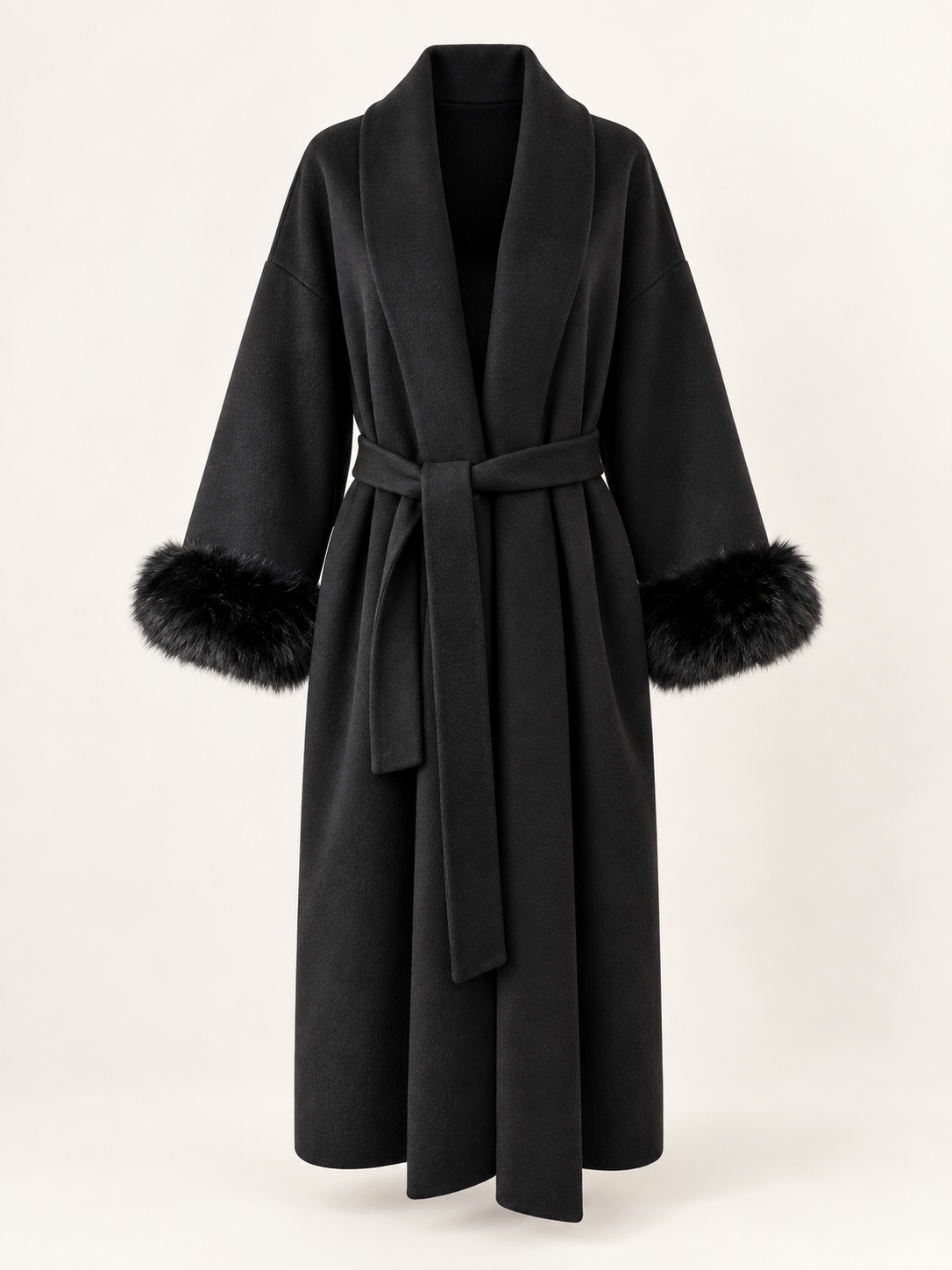 Rovelle Belted Faux Fur Cuff Coat — Black — Longline — front