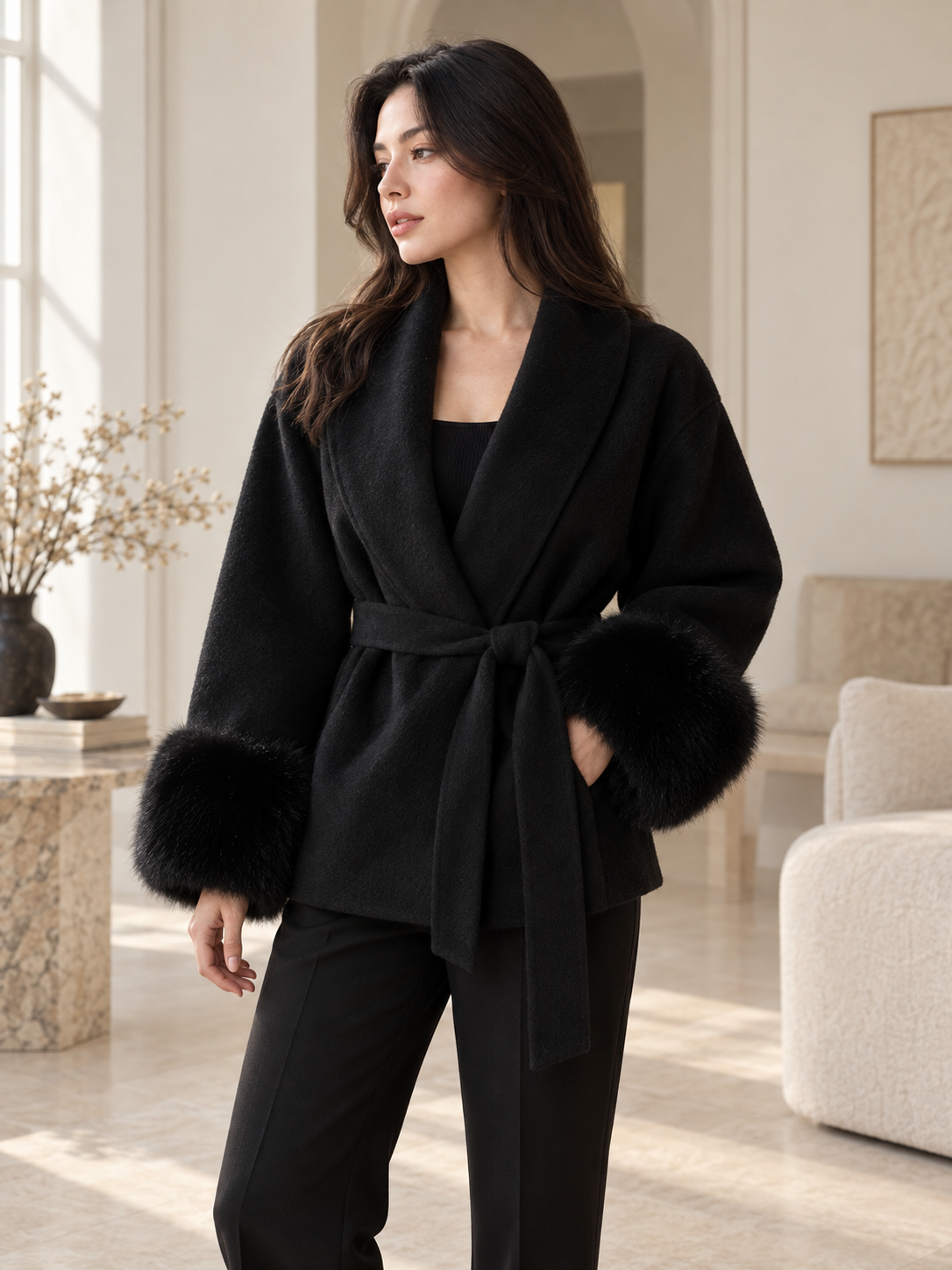 Rovelle Belted Faux Fur Cuff Coat — Black — model