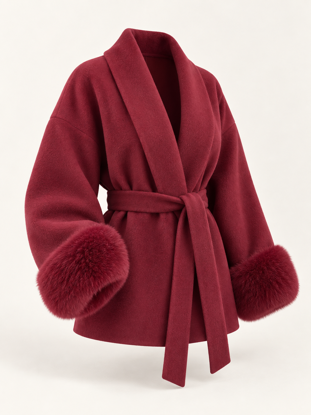Rovelle Belted Faux Fur Cuff Coat — Burgundy — angle