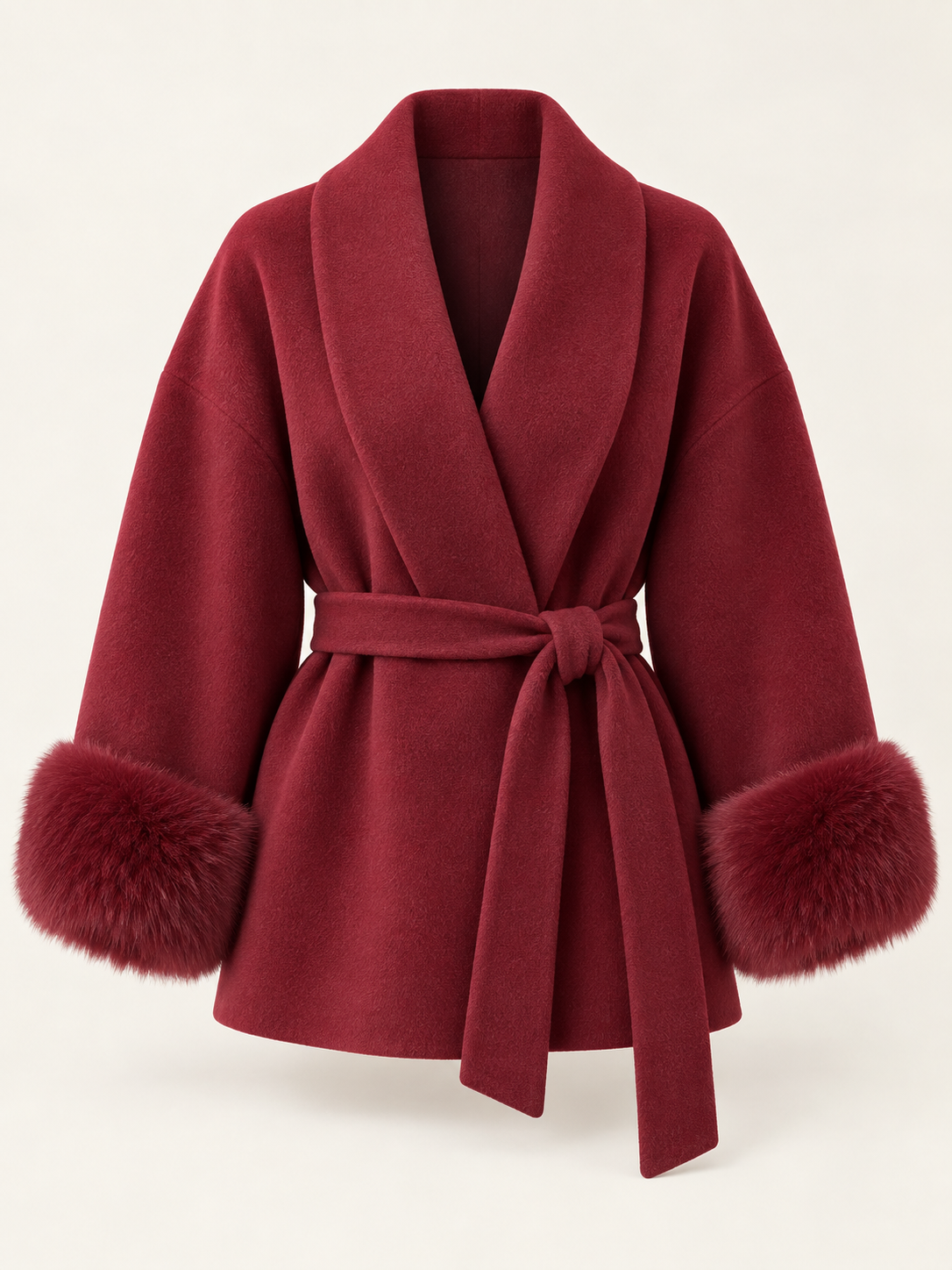 Rovelle Belted Faux Fur Cuff Coat — Burgundy — front