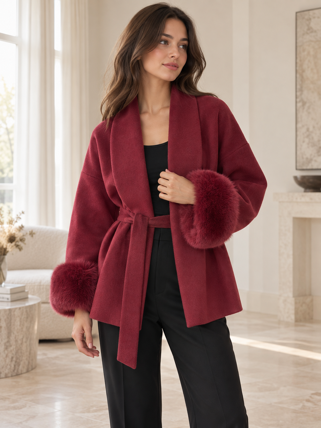 Rovelle Belted Faux Fur Cuff Coat — Burgundy — model