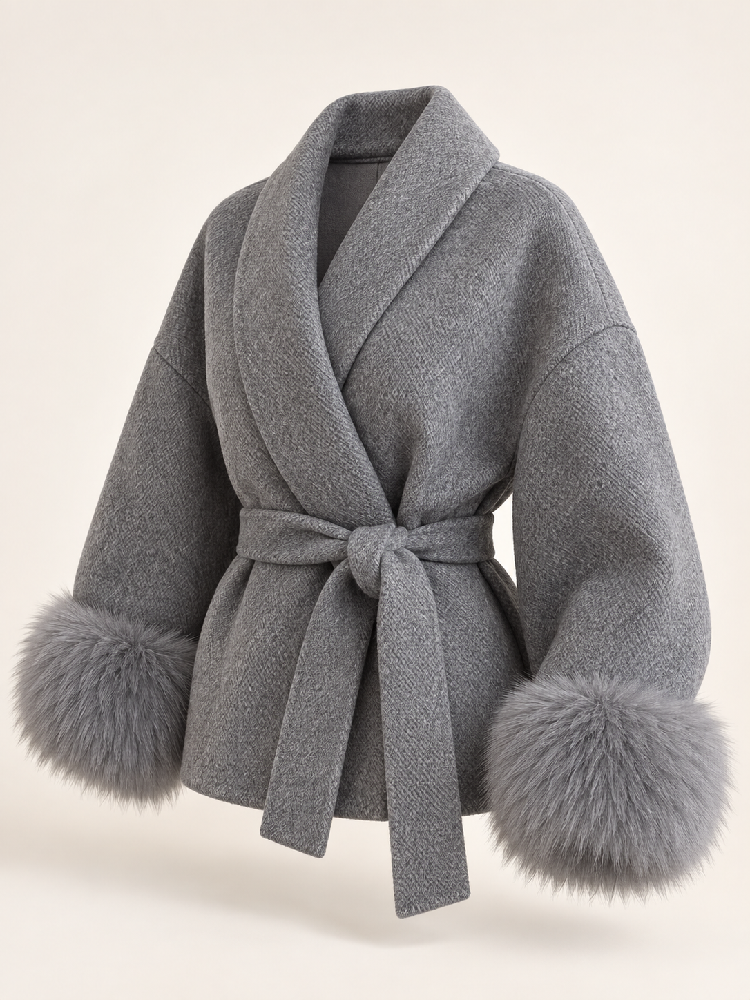 Rovelle Belted Faux Fur Cuff Coat — Grey — angle