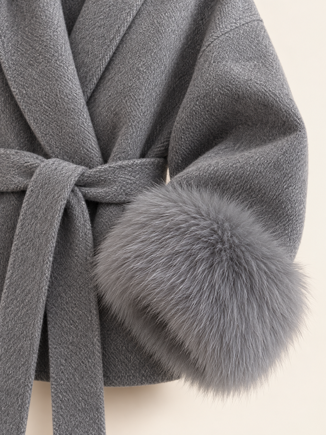 Rovelle Belted Faux Fur Cuff Coat — Grey — detail